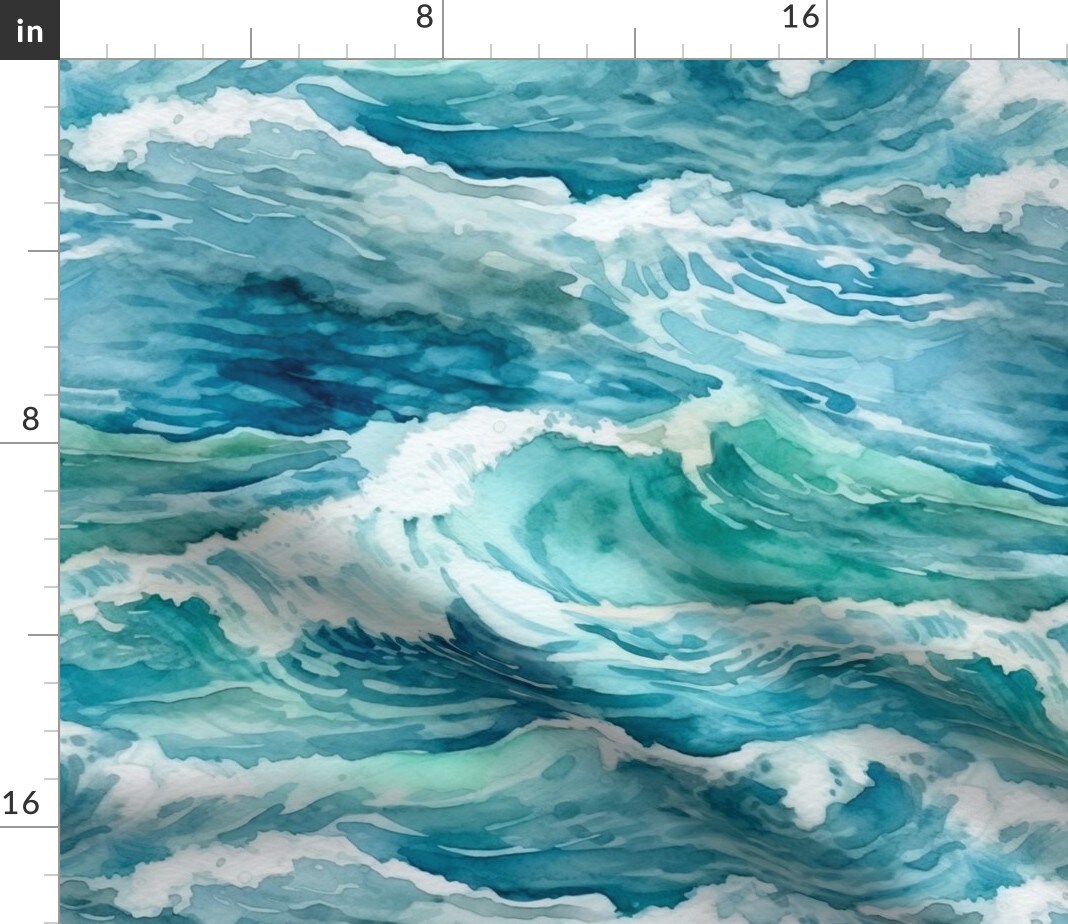 Watercolor Waves Ocean Scene Coast Sea Water Blue Swim Surf Beach Custom Printed Fabric by Spoonflower Various Fabrics by the Yard or Fat Quarter 15144217