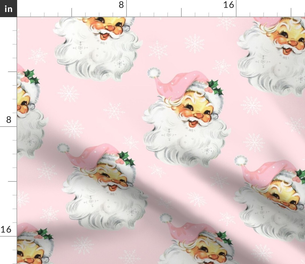Pink Retro Santa Large Snowflakes Snow Holly Candy Christmas Vintage Custom Printed Fabric by Spoonflower Various Fabrics by the Yard or Fat Quarter 13805124