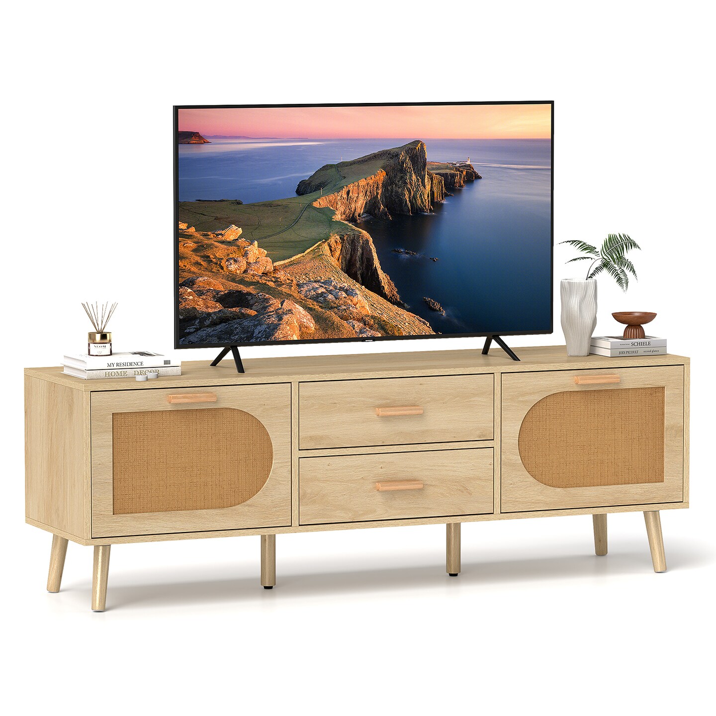 59" TV Console Table with Rattan Doors 2 Drawers and Cabinets Wood Media Stand for Living Room