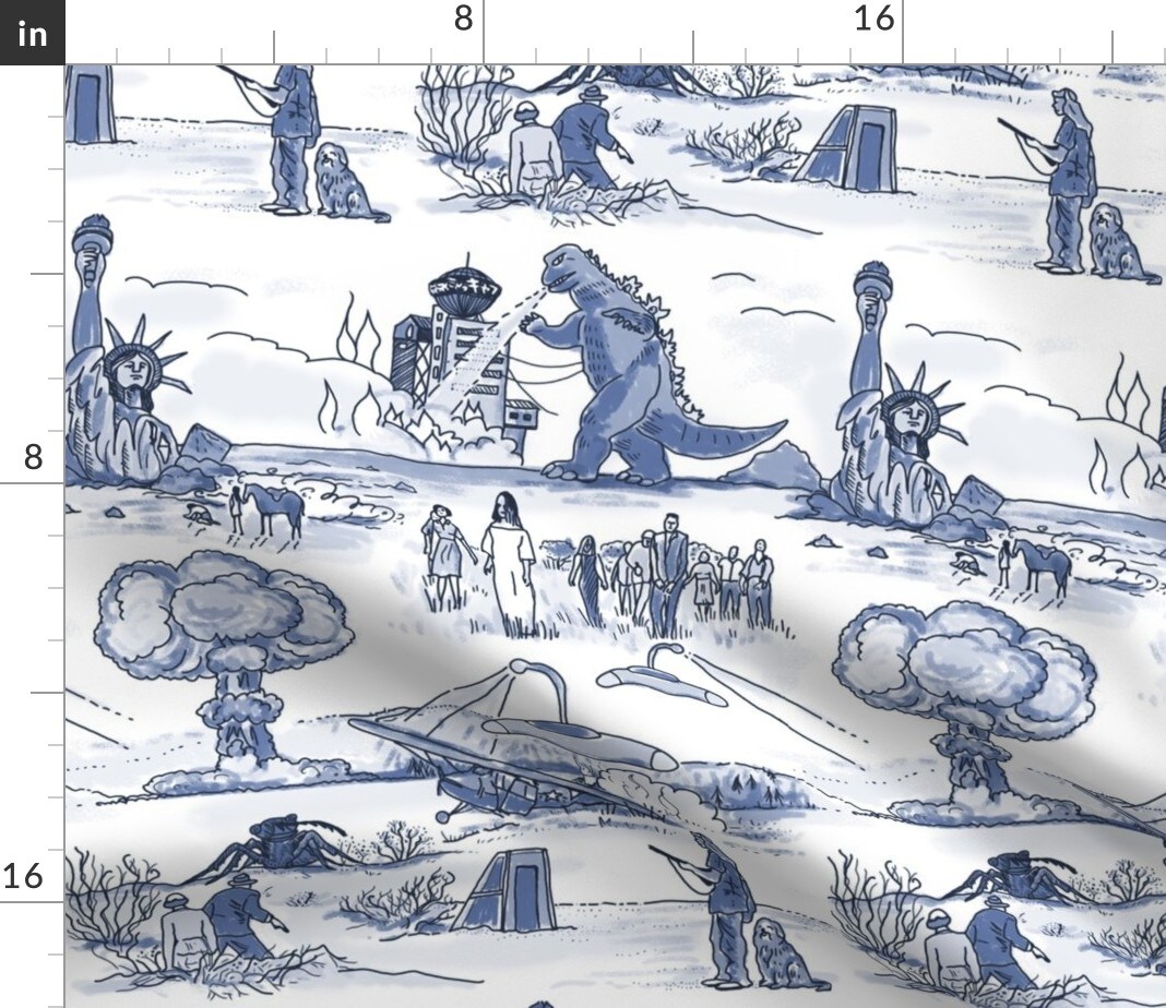 Toile Zombie Apocalypse Scary Monster Blue White Custom Printed Fabric by Spoonflower Various Fabrics by the Yard or Fat Quarter