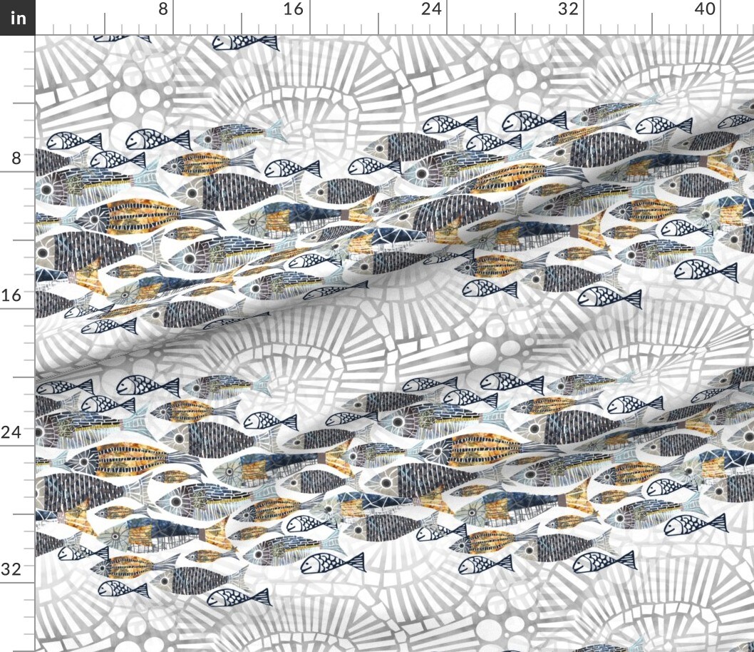 Whimsical Fish Coastal Mosaic Watercolor Collage Modern Gouache Lake Custom Printed Fabric by Spoonflower Various Fabrics by the Yard or Fat Quarter