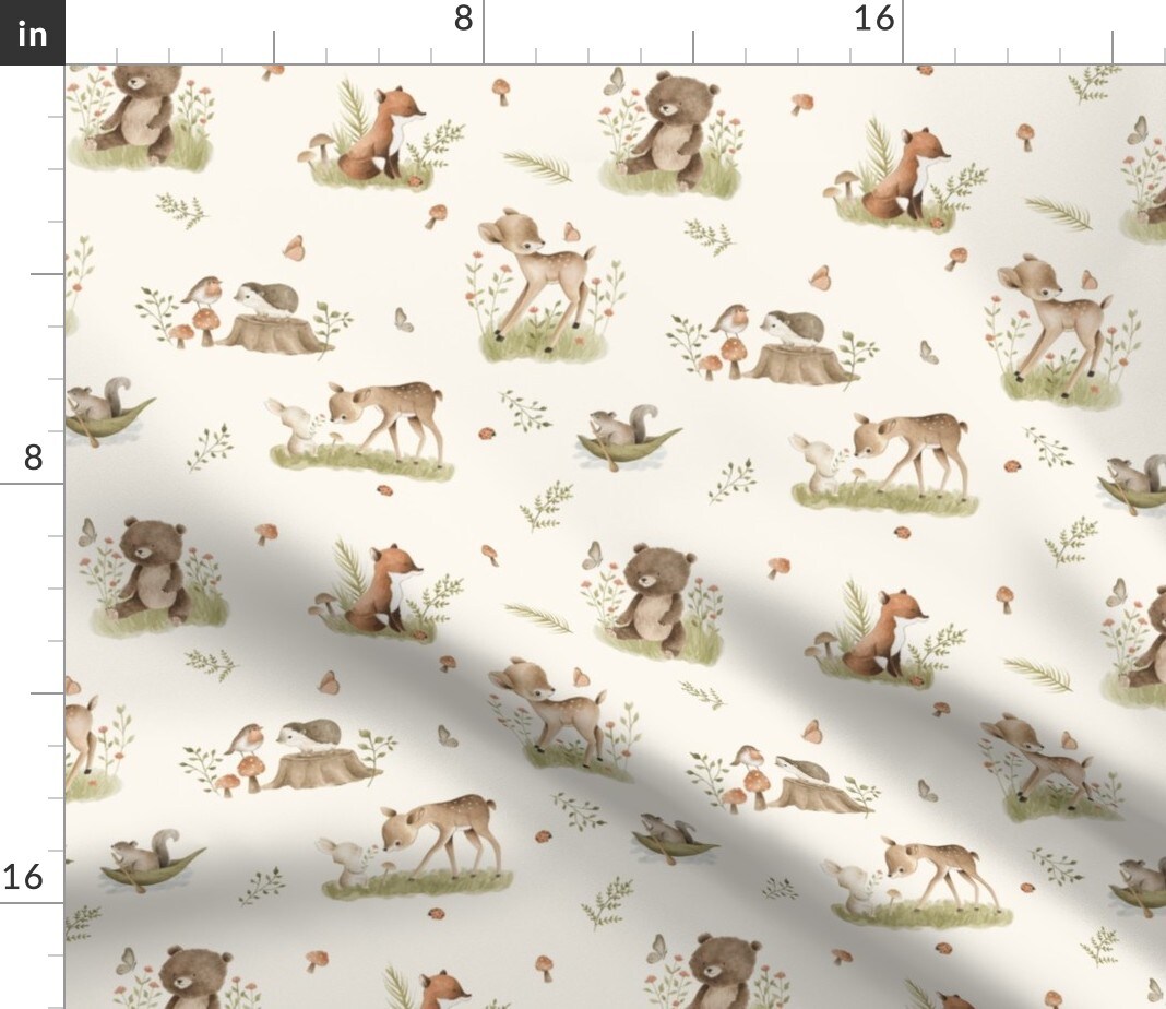 Woodland Baby Forest Animals Deer Bear Fox Neutral Vintage Spring Custom Printed Fabric by Spoonflower Various Fabrics by the Yard or Fat Quarter