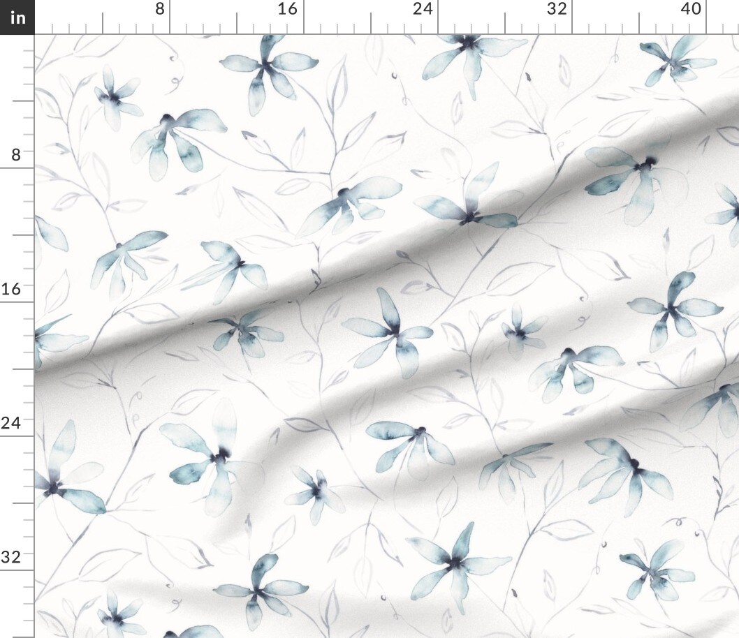 Blue White Watercolor Floral Light Feminine Custom Printed Fabric by Spoonflower Various Fabrics by the Yard or Fat Quarter