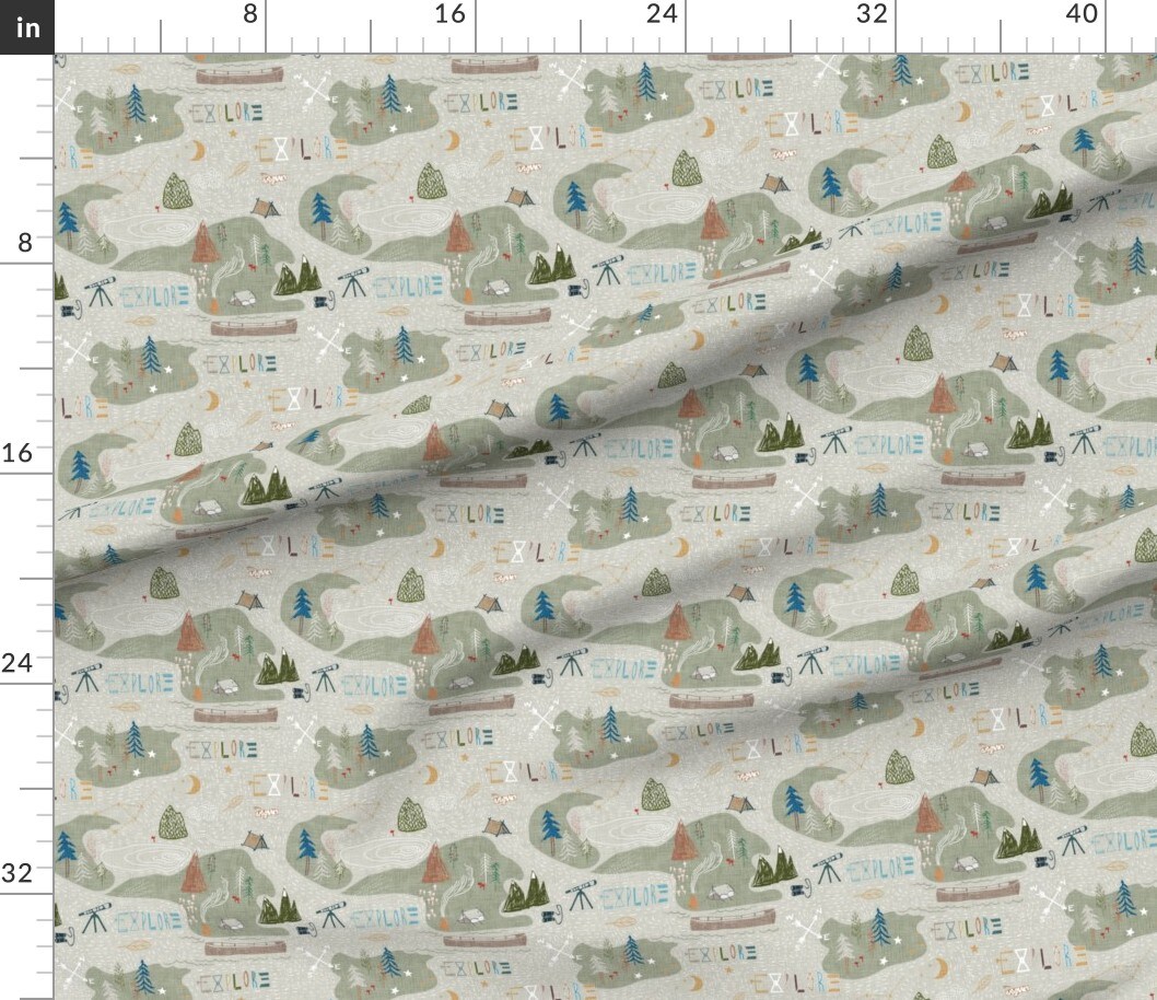 Explore Sage Mountain Map Camping Hiking Outdoors Lake Tent Fire Forest Woods Custom Printed Fabric by Spoonflower Various Fabrics by the Yard or Fat Quarter