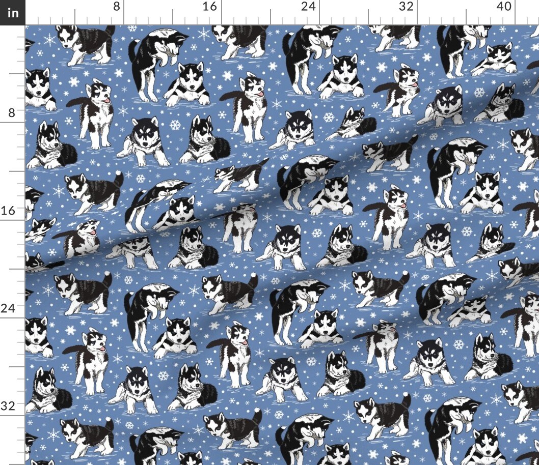 Various Fabrics by the Yard or Fat Quarter Husky Puppies Snowflakes Puppy Dogs Snow Sled Friend Custom Printed Fabric by Spoonflower