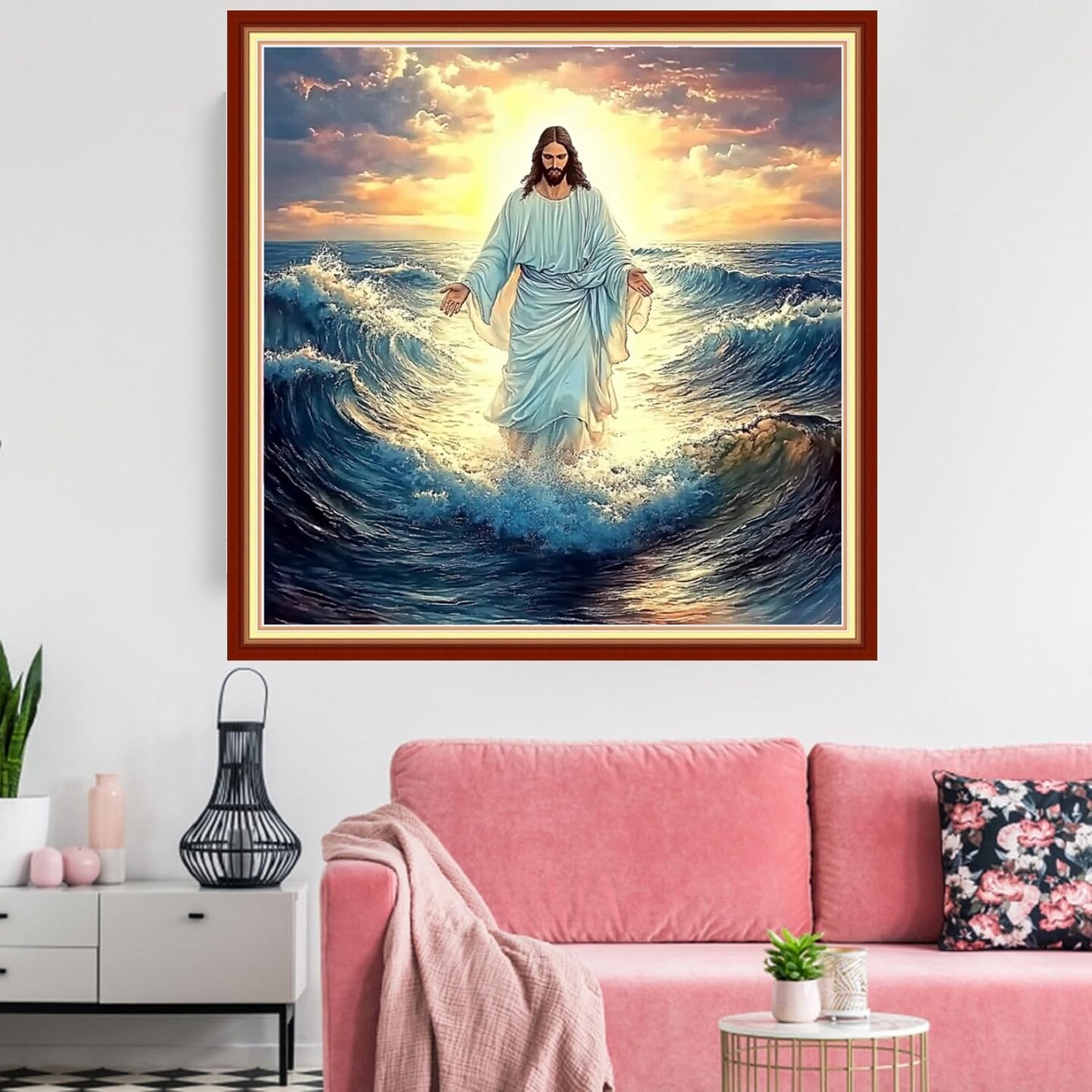 Stamped Cross Stitch Kit for Beginners – Jesus at Sea 11CT Pre-Printed 18x18 Inch Needlepoint Embroidery DIY Kit for Adults