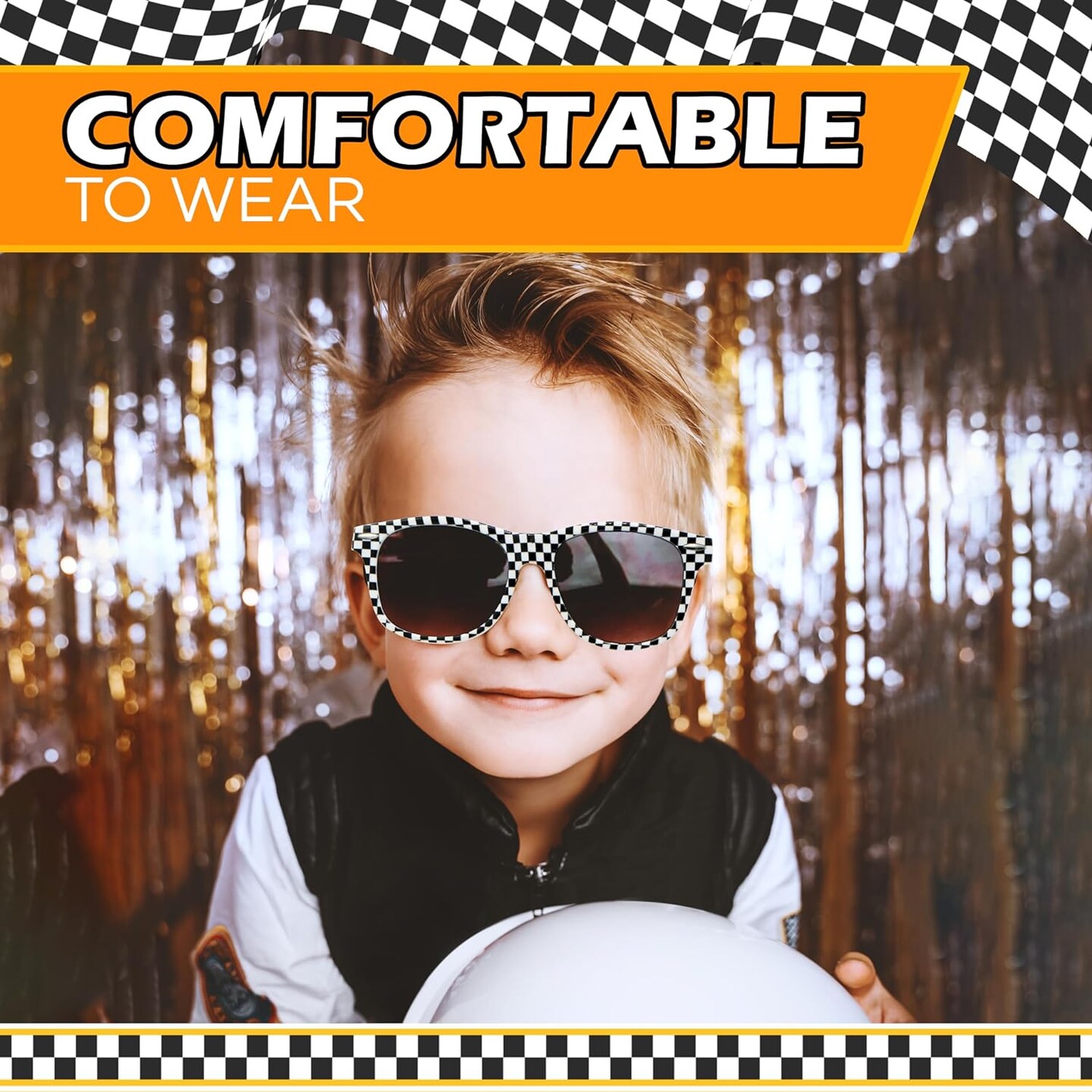 4E&#x27;s Novelty 6 Pack Kids Race Car Checkered Sunglasses Bulk with UV400 Protection - Ideal for Race Car Theme Birthday Decor