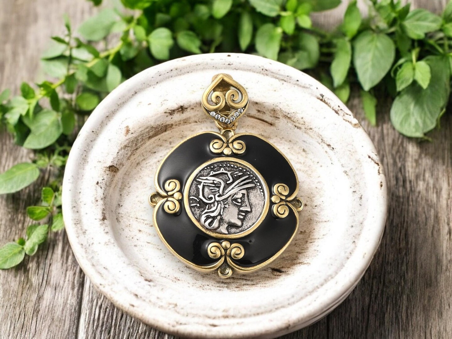 35x31mm Gold Plated Brass w/Cubic Zirconia &#x26; Enamel Roman Coin Replica Pendant