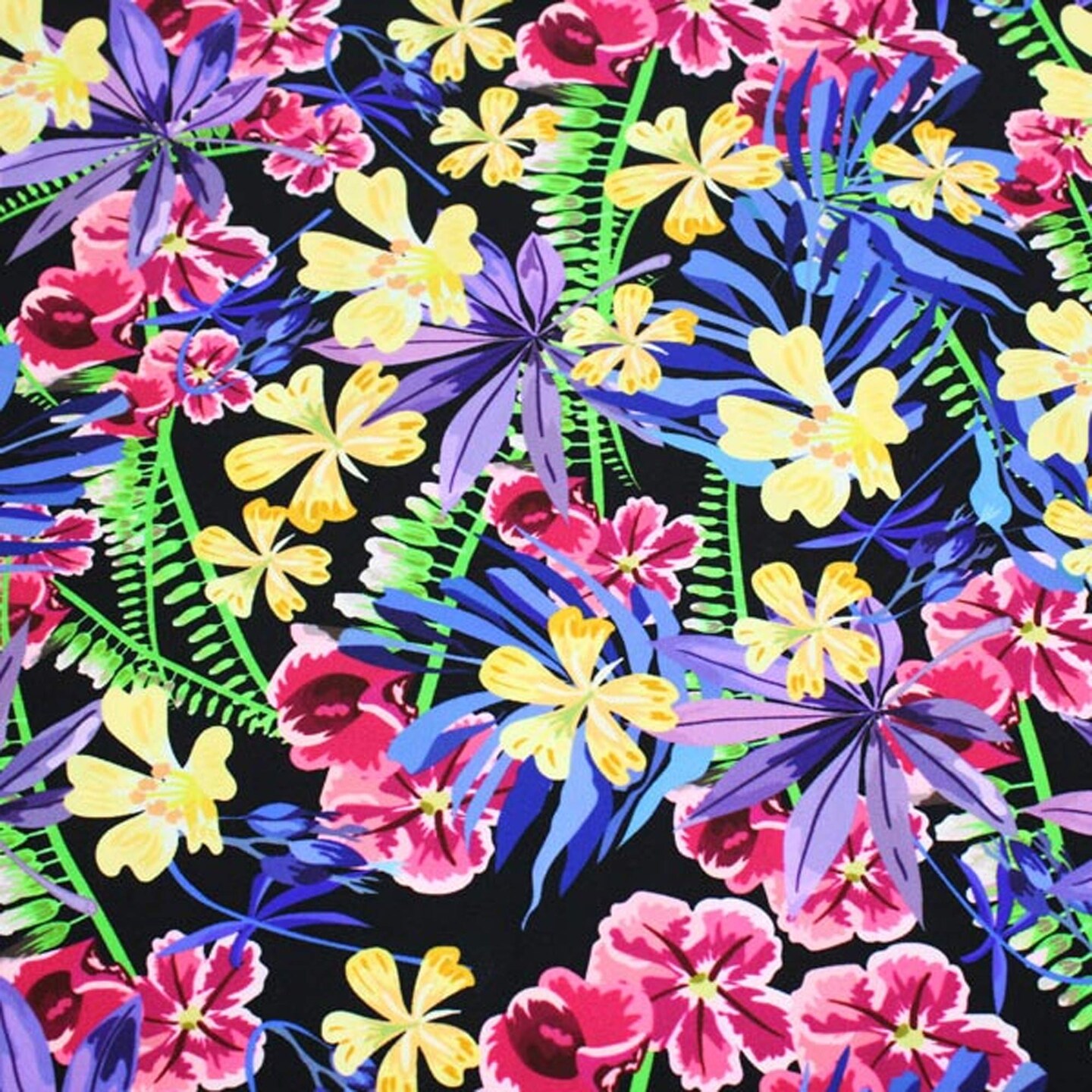 Hawaiian Flowers and Fronds Printed Spandex