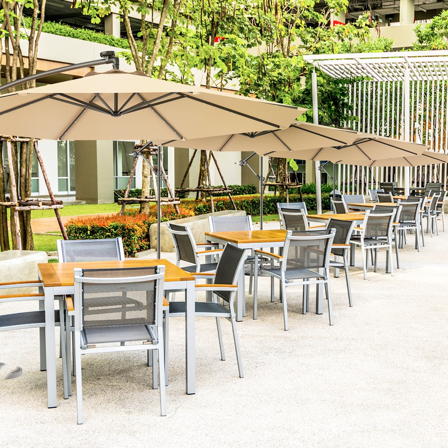 Patio Hanging Umbrella 10 ft – Solar LED Sun Shade with Cross Base