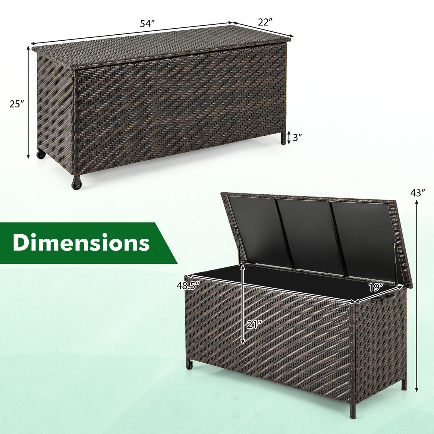 Outdoor Storage Box 85 Gal Rattan with Removable Liner and Universal Wheels