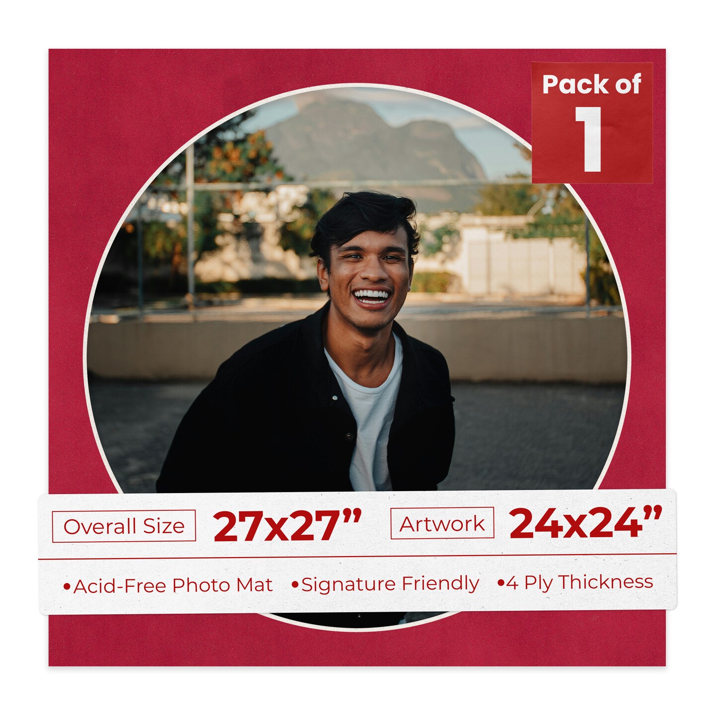 Red Suede Mat Board for 27x27 Frames - Circle Opening for 24x24 Photos