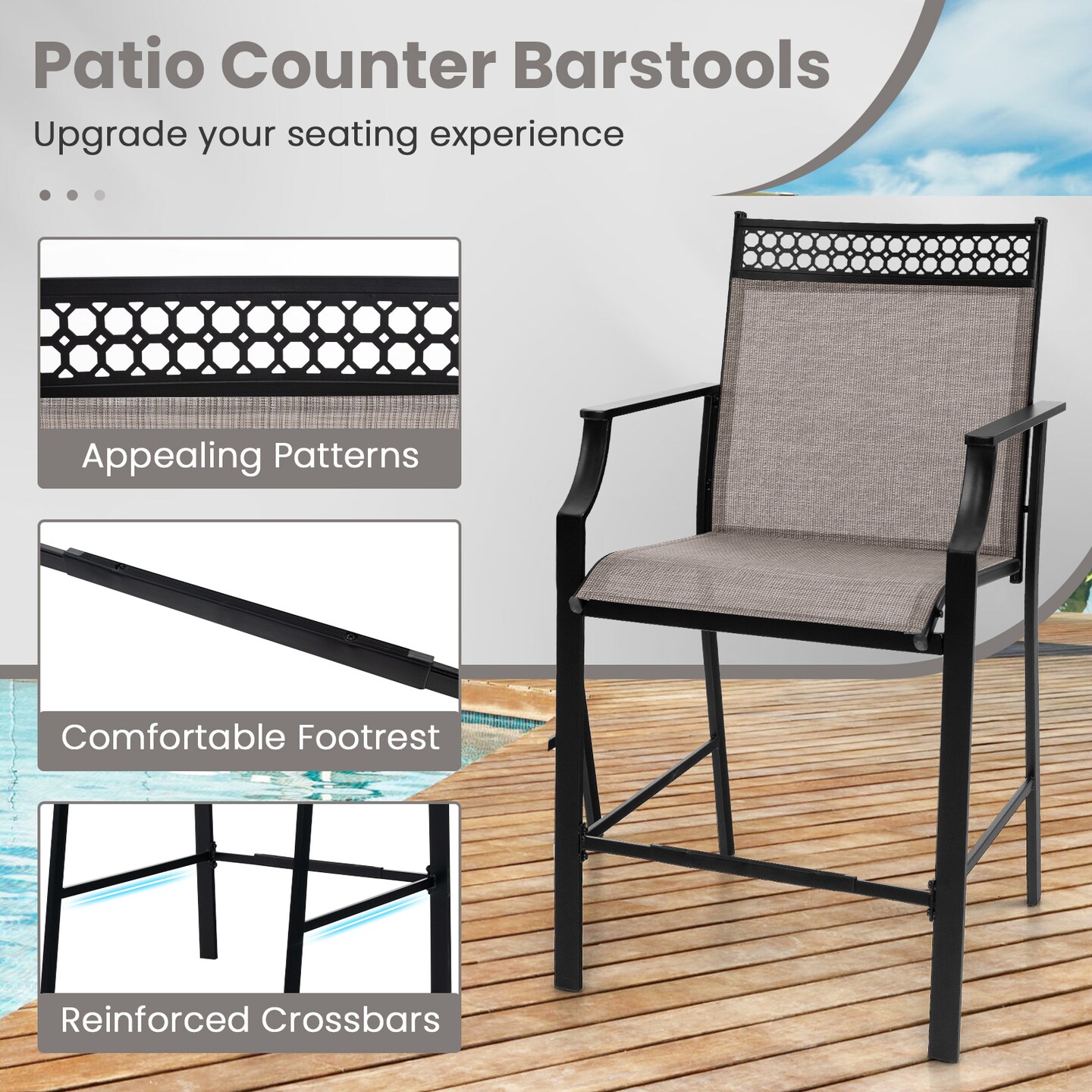 Set of 2 Outdoor Counter Bar Stools Heavy-Duty Metal Frame with Footrest