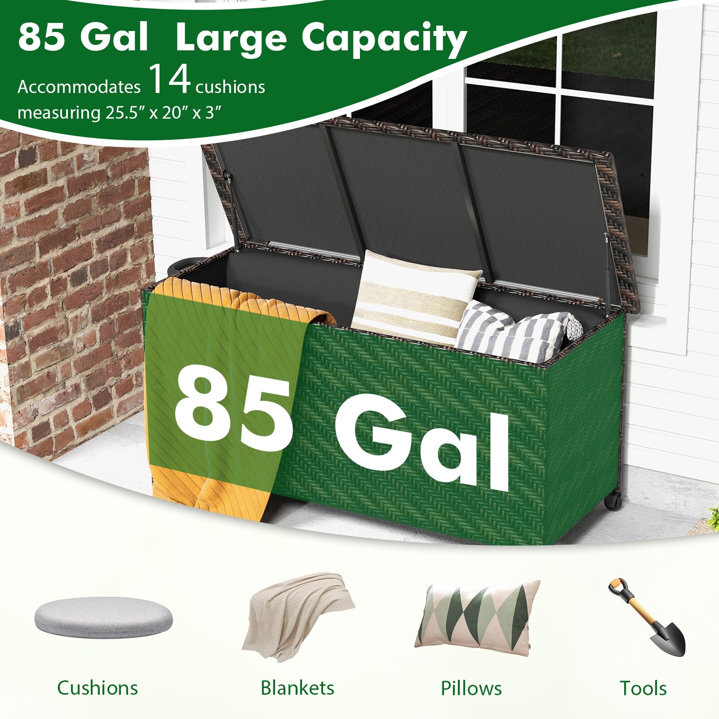 Outdoor Storage Box 85 Gal Rattan with Removable Liner and Universal Wheels