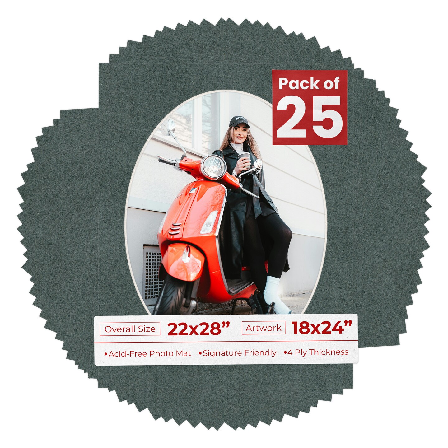 Dark Grey Suede Mat Board for 22x28 Frames - Oval Opening for 18x24 Photos