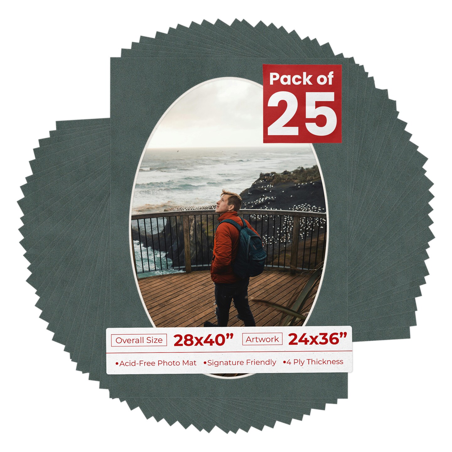 Dark Grey Suede Mat Board for 28x40 Frames - Oval Opening for 24x36 Photos