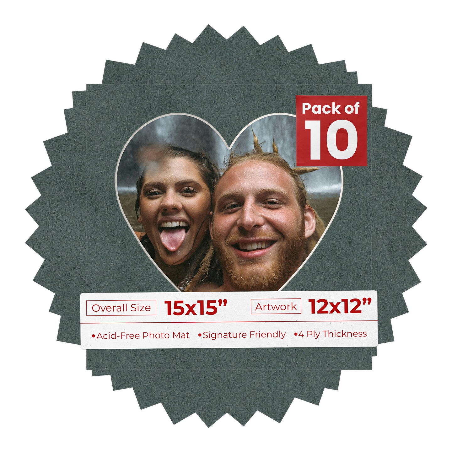 Dark Grey Suede Mat Board for 15x15 Frames - Heart Opening for 12x12 Photos