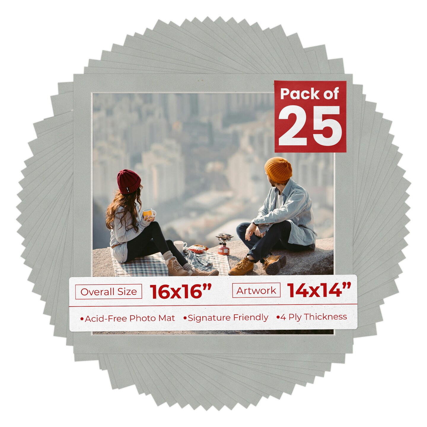 Light Grey Suede Mat Board for 16x16 Frames - Fits 14x14 Photos