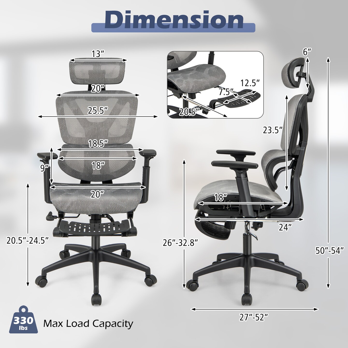 Mesh Office Chair with Tilting Backrest and Retractable Footrest-Grey
