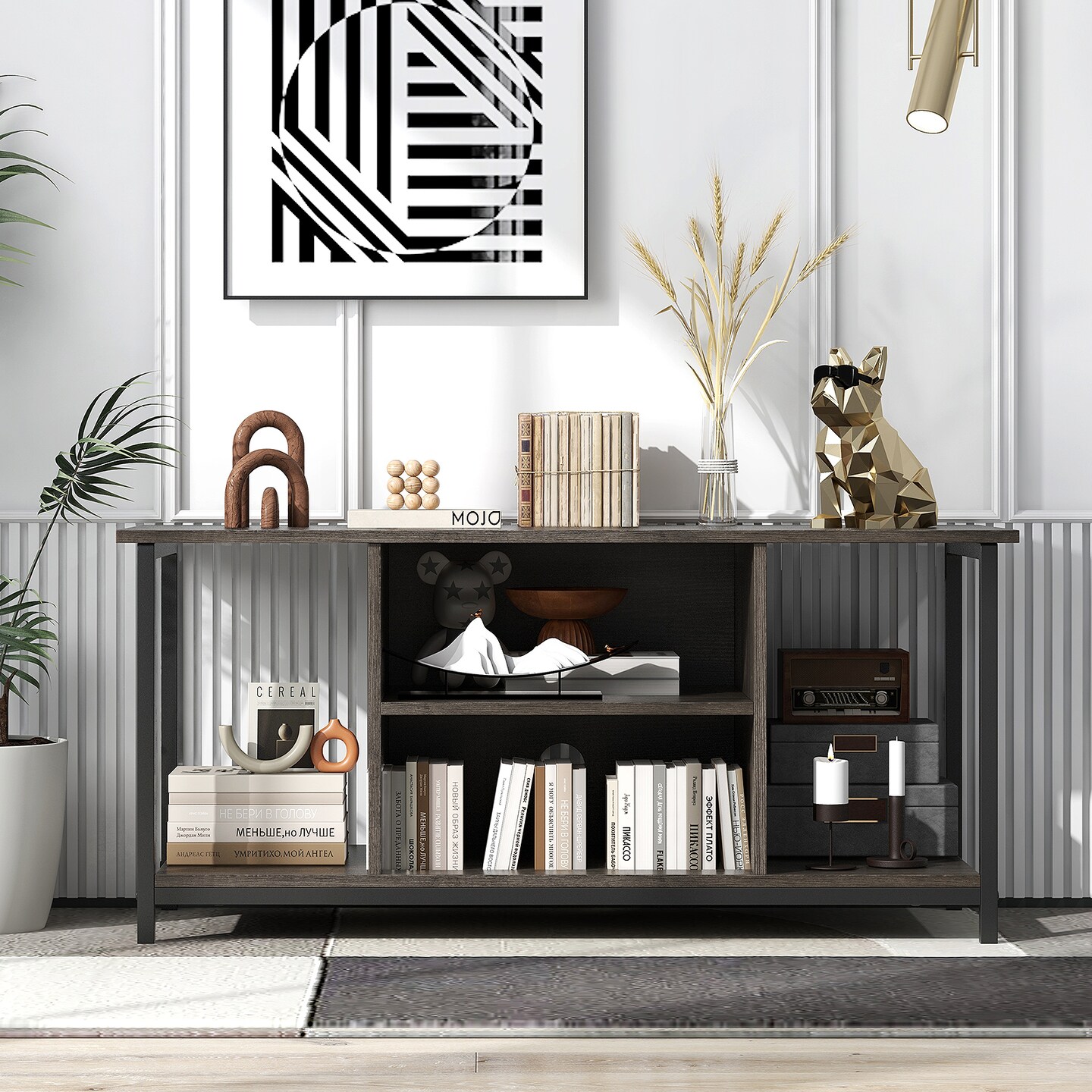 Gray TV Stand Media Console with Cable Management Adjustable Shelves Side Storage USB Charging