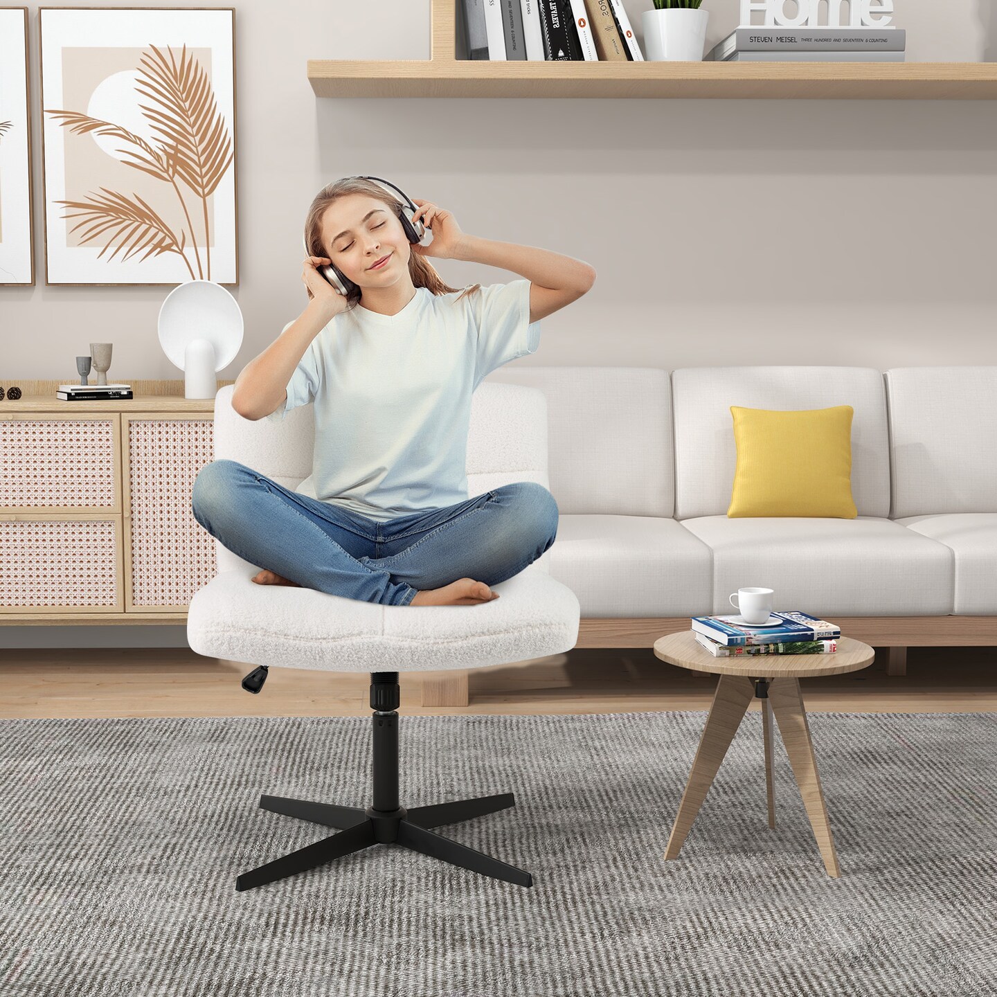 Armless Office Desk Cross Legged Office Chair with Adjustable Height-White