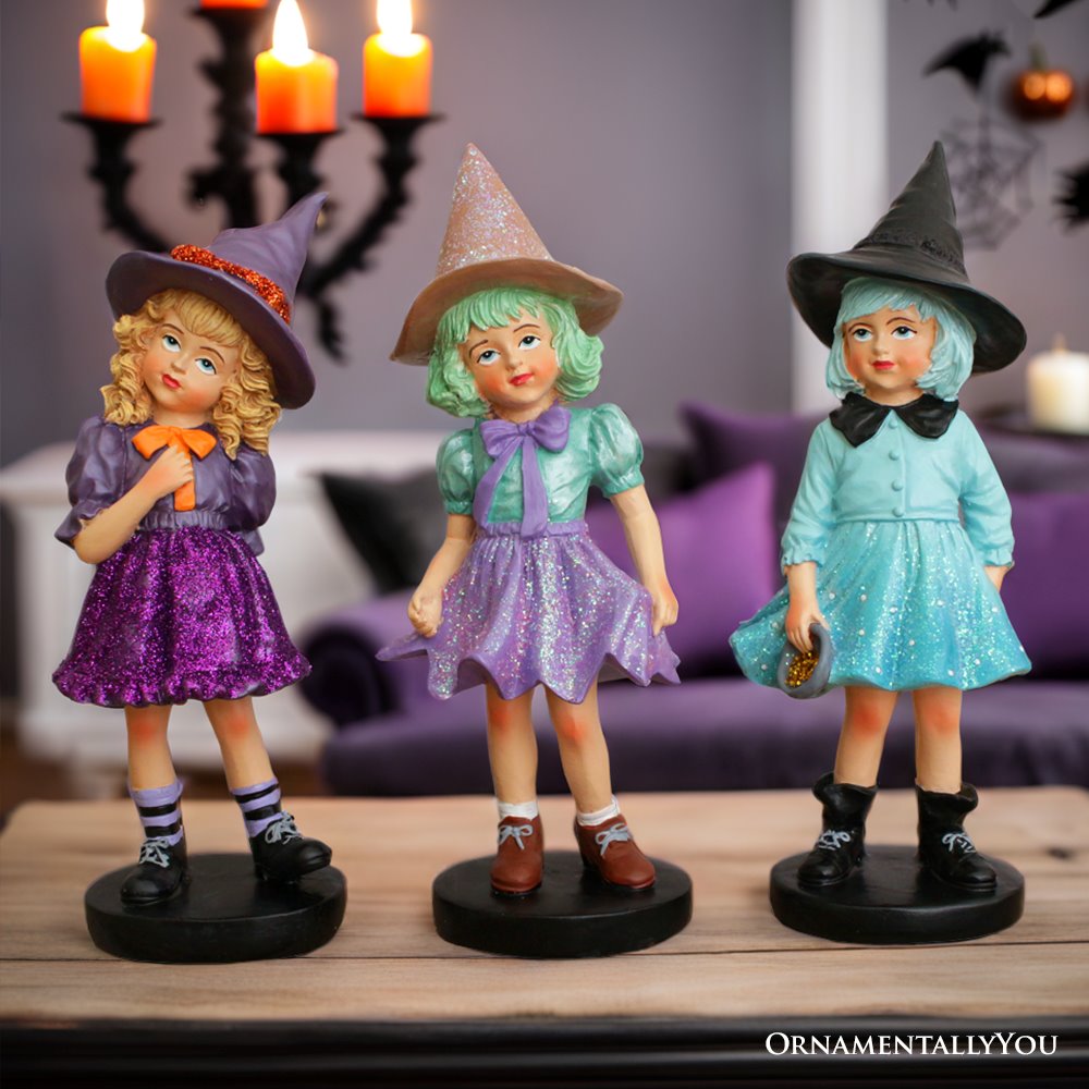 Mystical Victorian Witch Sisters Set of Three Figurines, Enchanted 6&#x22; Statues for a Bewitching Halloween Tabletop Display