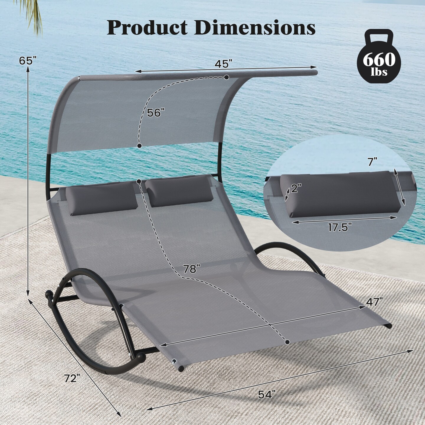 Outdoor Dual Rocker Sunbed 2-Person Canopied Patio Lounger with Detachable Headrests-Grey
