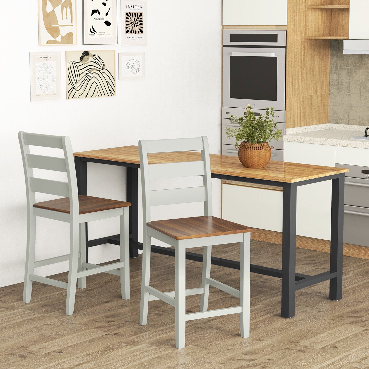 Set of 2 Counter Bar Stool with Inclined Backrest and Footrest-Grey