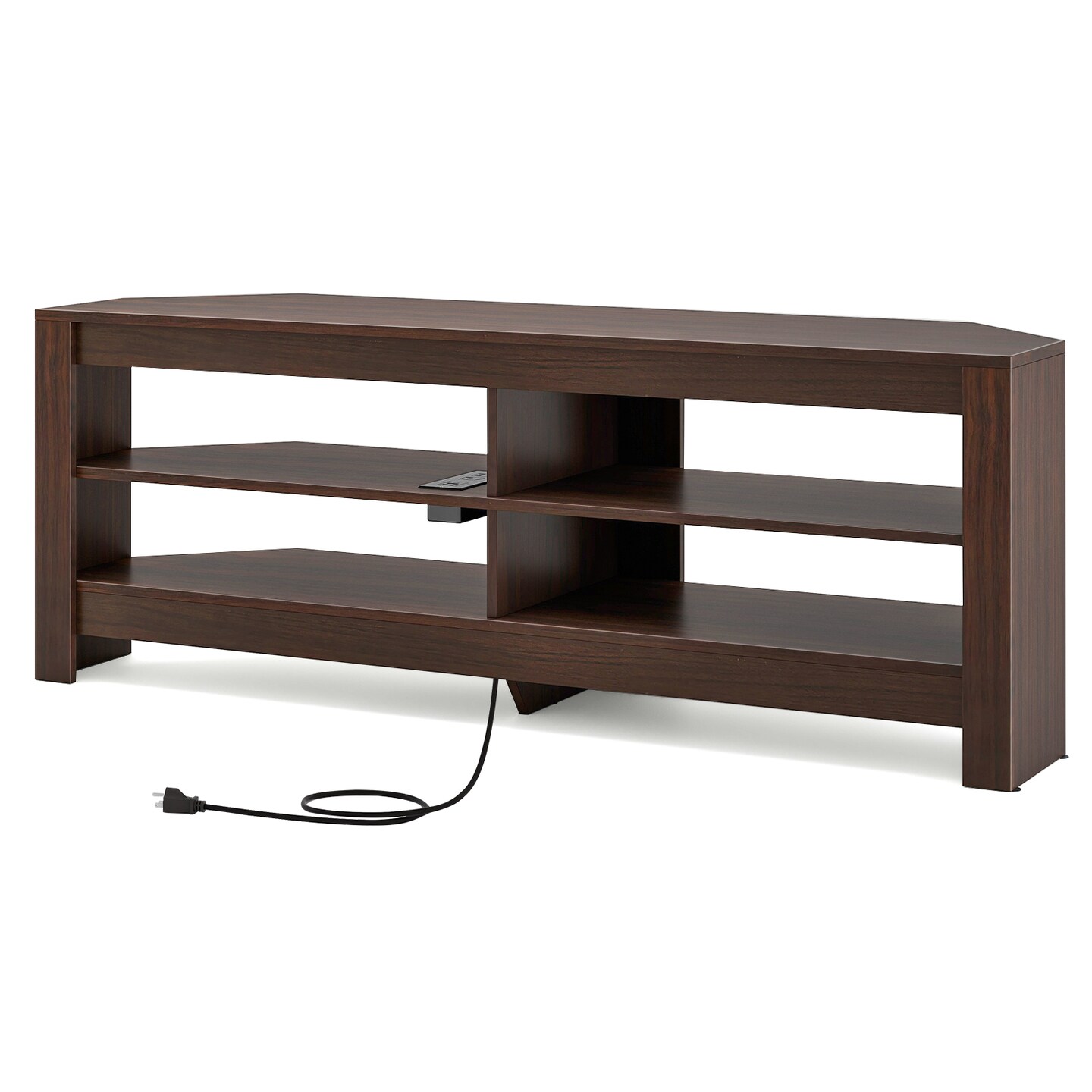 Corner TV Stand with Power Outlet and 4 Open Storage Shelves-Brown