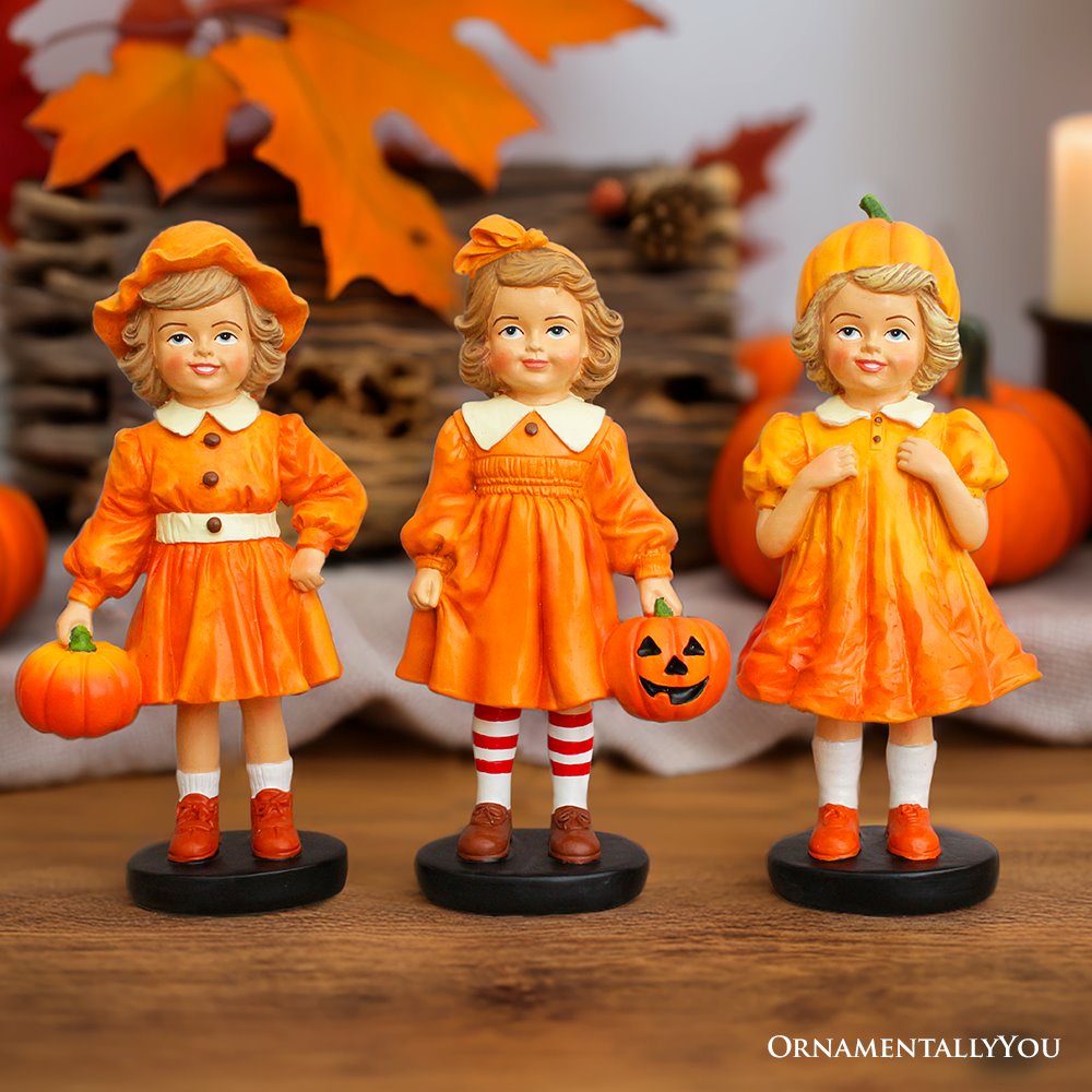 Inviting Pumpkin Girl Trio Set of Figurines, 6&#x22; Victorian Autumn Fall and Halloween Table Decoration
