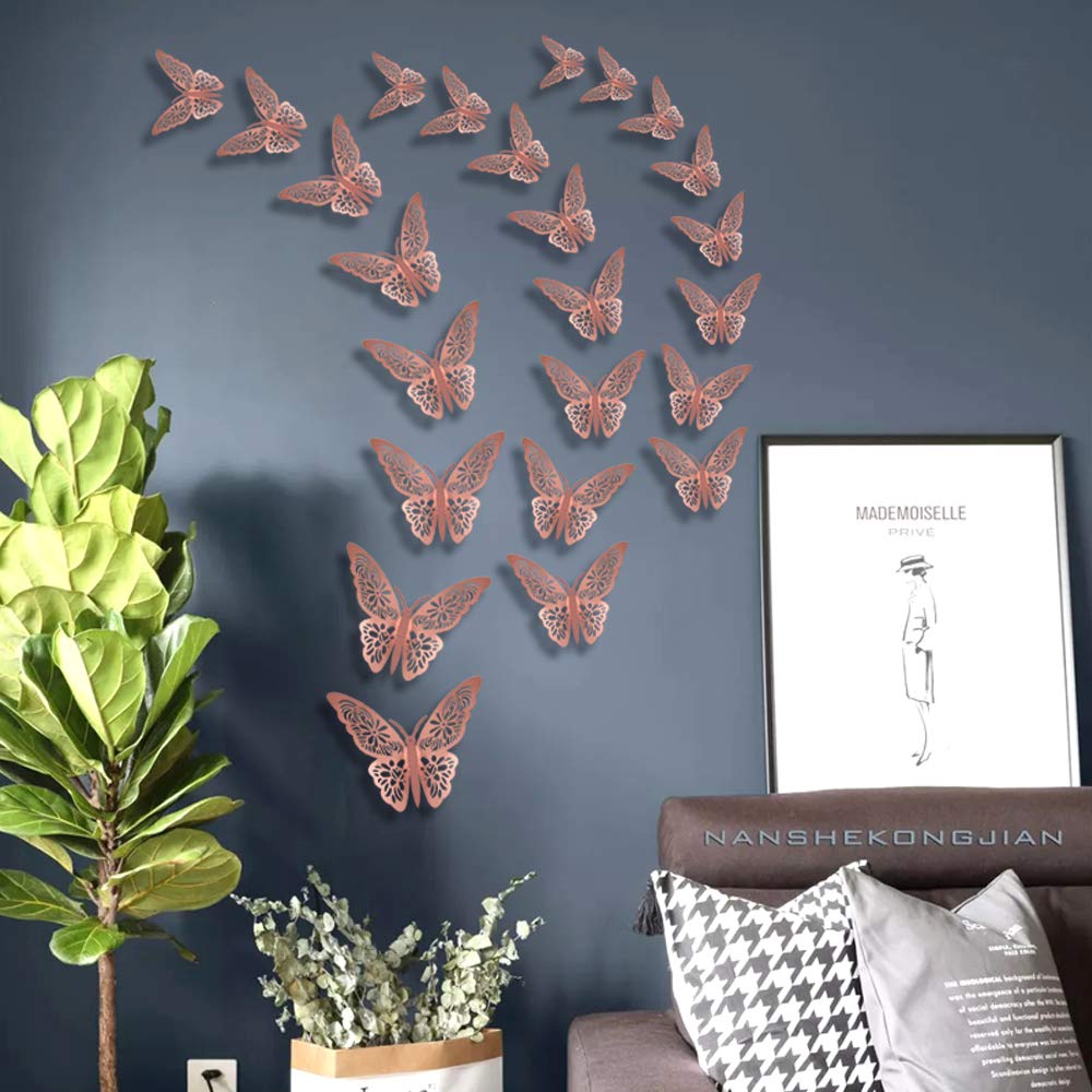 FOMTOR 3D Butterfly Wall Stickers Rose Gold Butterfly Decorations for Home Decor Cake Decorations Room Decorations Party Wedding Decor (24 Pcs)
