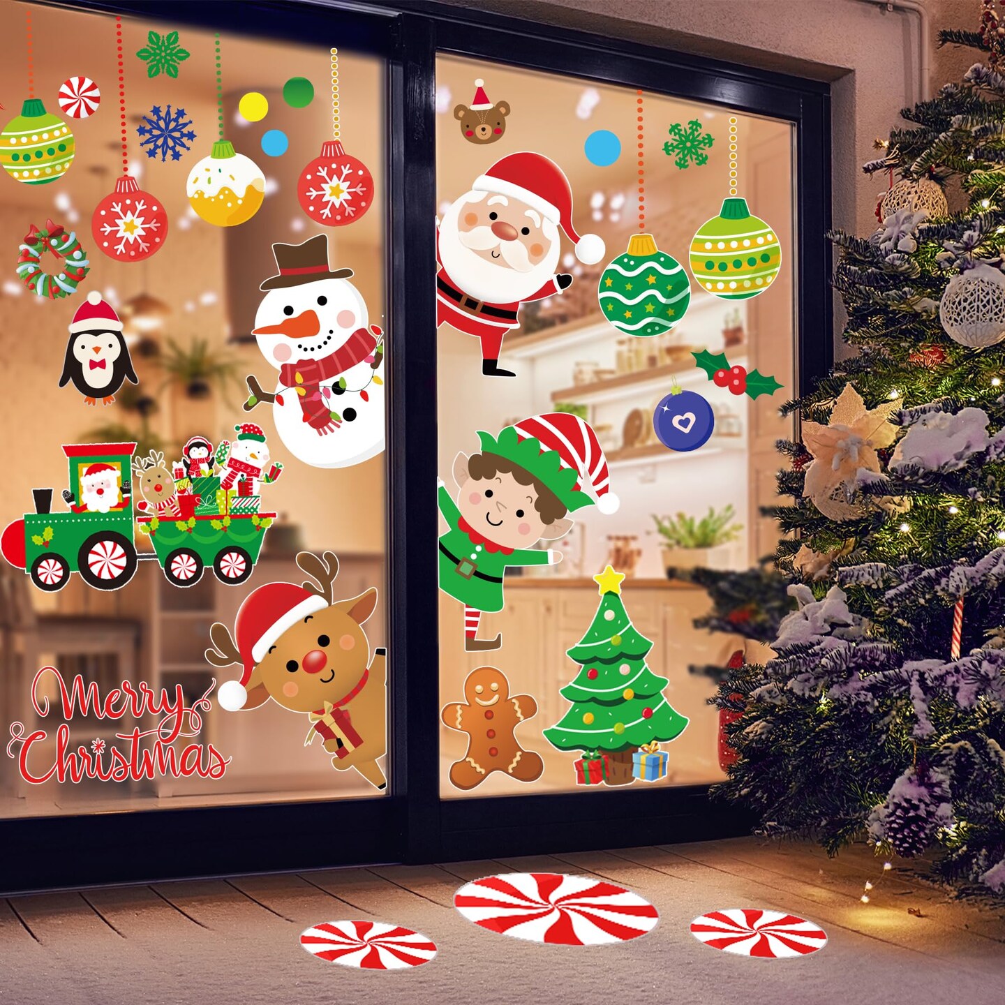 Christmas Wall Decals 96PCS Christmas Wall Stickers Removable Large Merry Christmas Wall Decorations Christmas Bathroom Wall Decor Santa Claus,Snowman,Reindeer Window Clings for Outdoor,Indoor