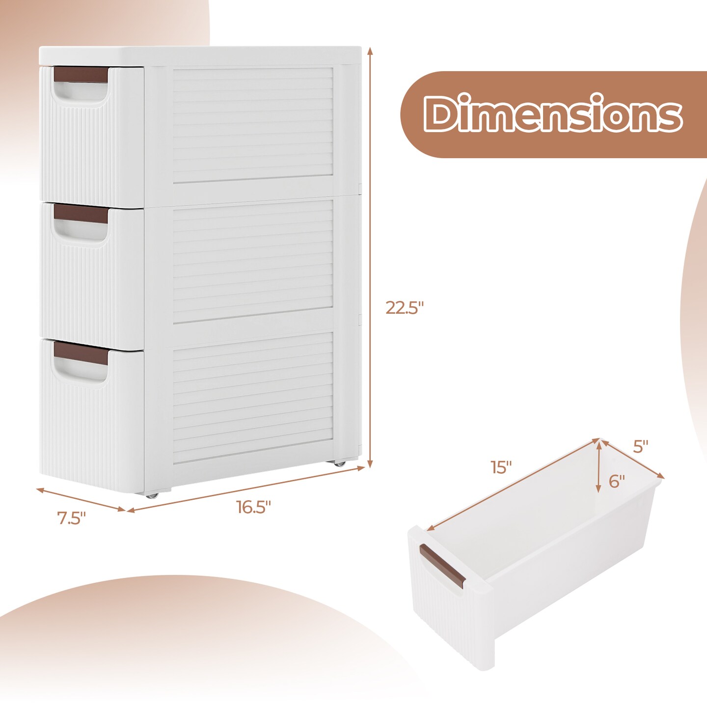 Rolling Organizer Unit Narrow Storage Cabinet with Built-In Wheels for Small Space-3-Drawer