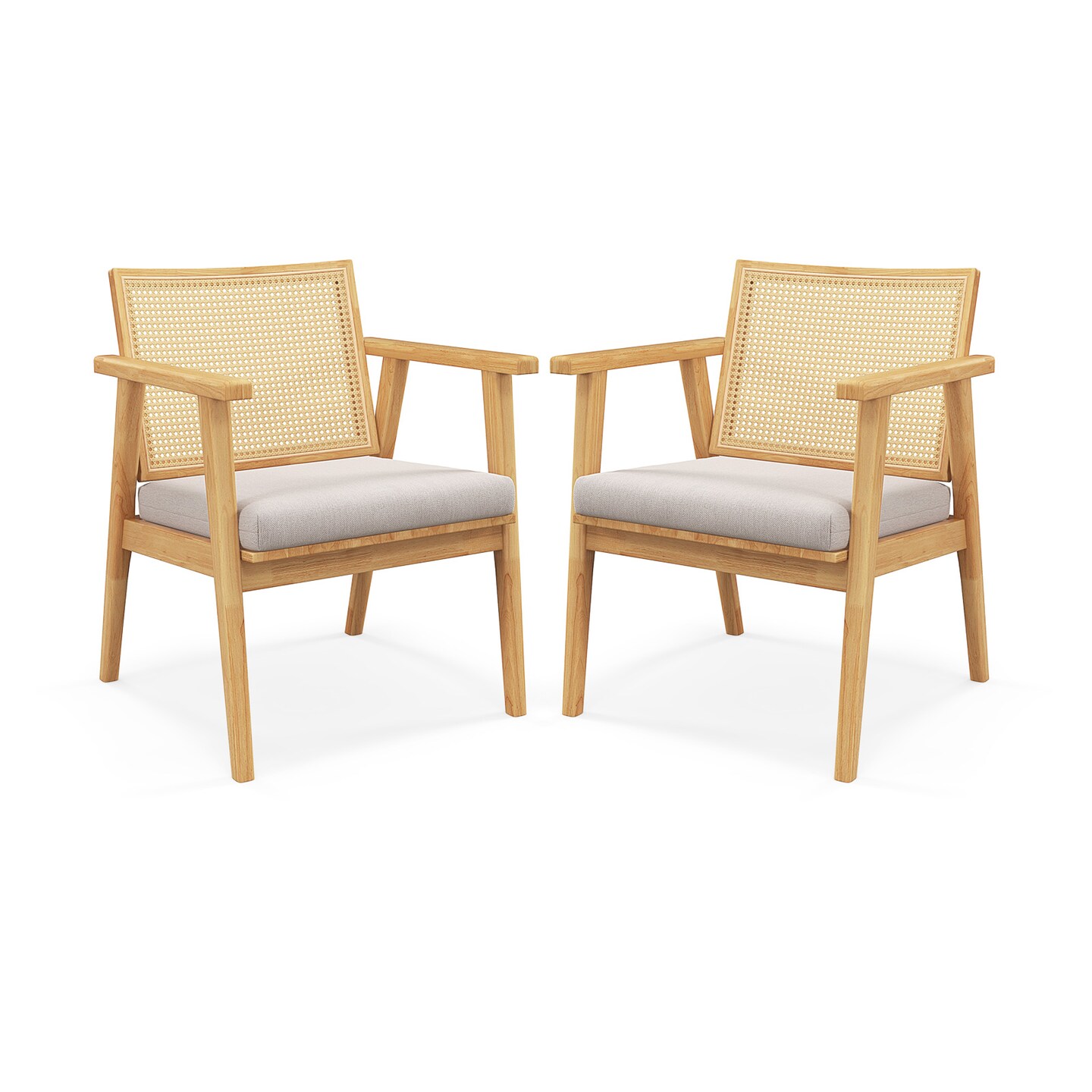Mid Century Modern Accent Chairs Set of 2 with Breathable Rattan Back-Natural