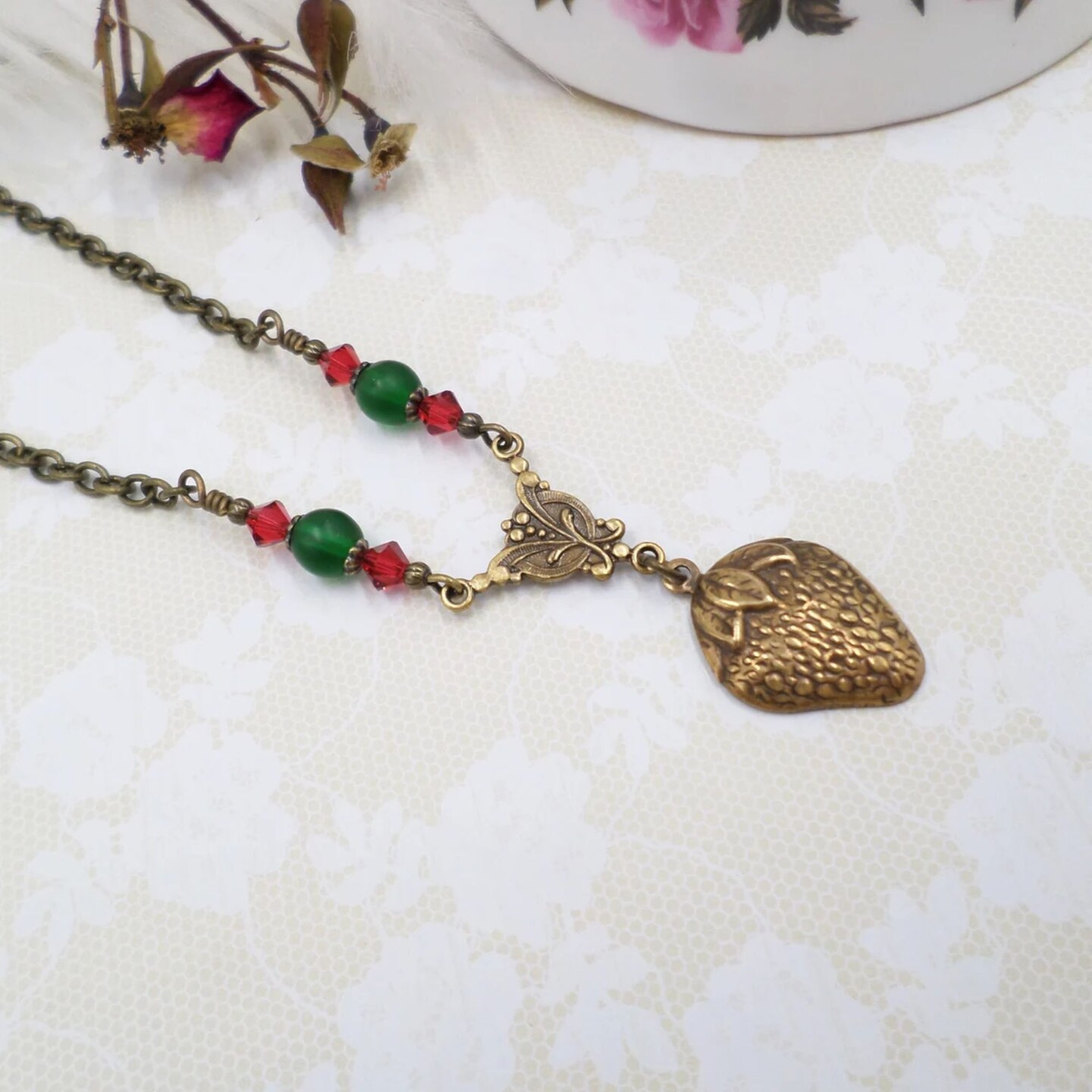 Brass Strawberry Necklace, Cottagecore Necklace, Small Petite Handmade Beaded Jewelry, Nature Lover Gift, Goblincore Aesthetic, Green Red