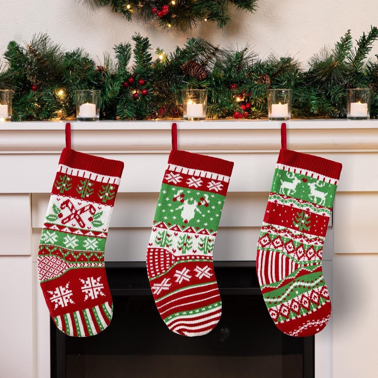 3 Pack 18&#x201D; Christmas Stockings, Large Size Rustic Cable Knit Xmas Stocking in Red &#x26; Green, for Family Holiday Season Decorations