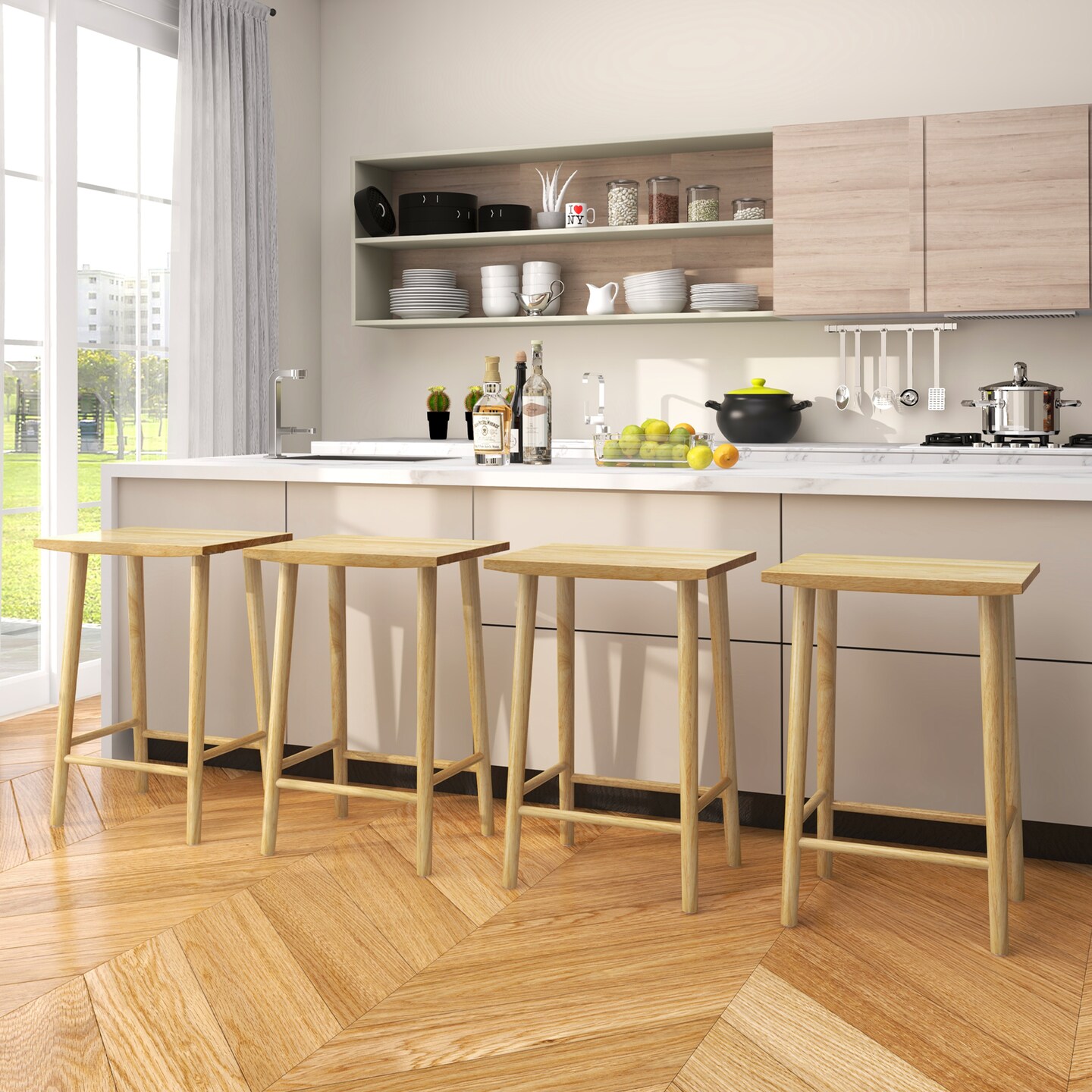 25.5 Inch Bar Stools Set of 2 with Footrest-Natural - 17.5" x 14" x 25.5" (L x W x H)