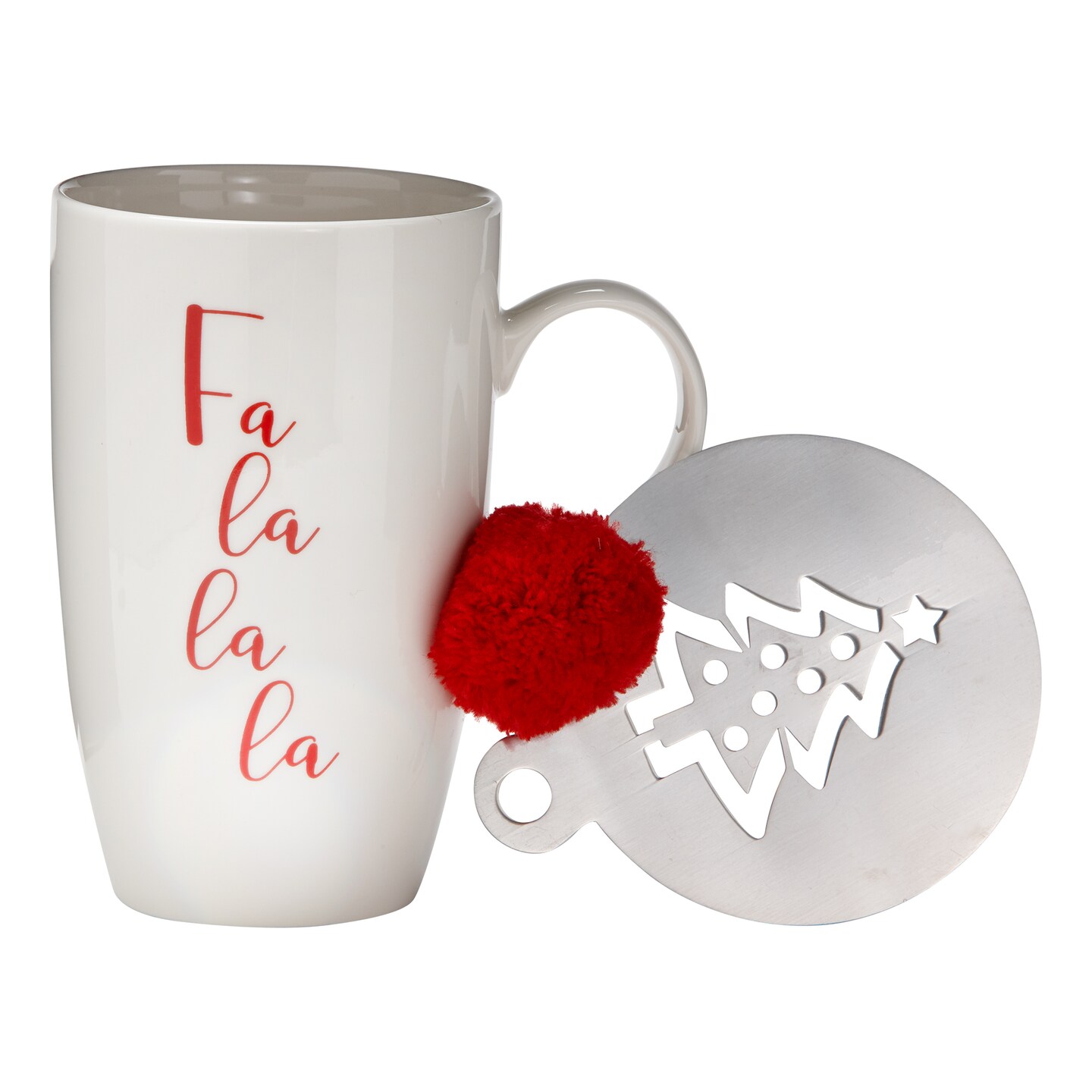 Fa La La La Mug &#x26; Stencil Set - 18oz Bone China Christmas Drinkware - Dishwasher Safe - White Multi
