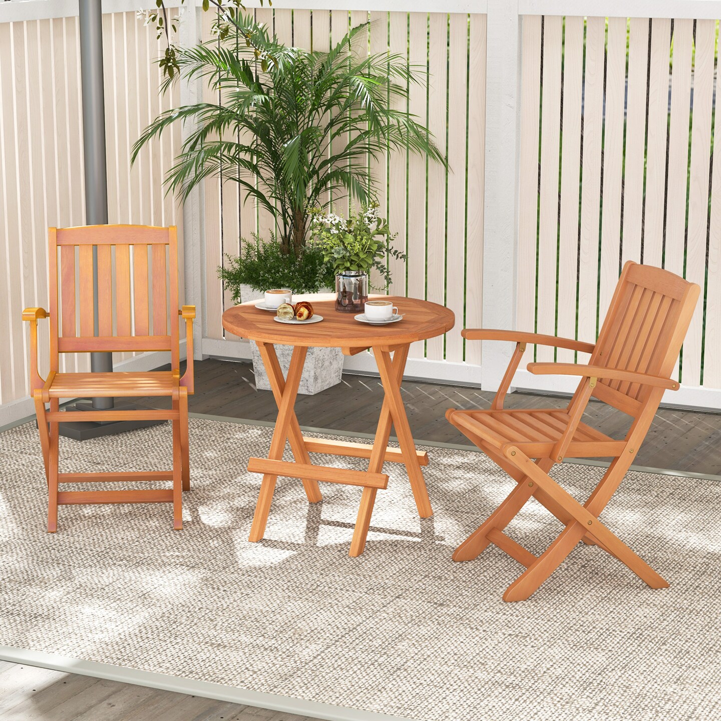Set of 2 Foldable Natural Eucalyptus Wood Outdoor Dining Chairs for Deck and Yard
