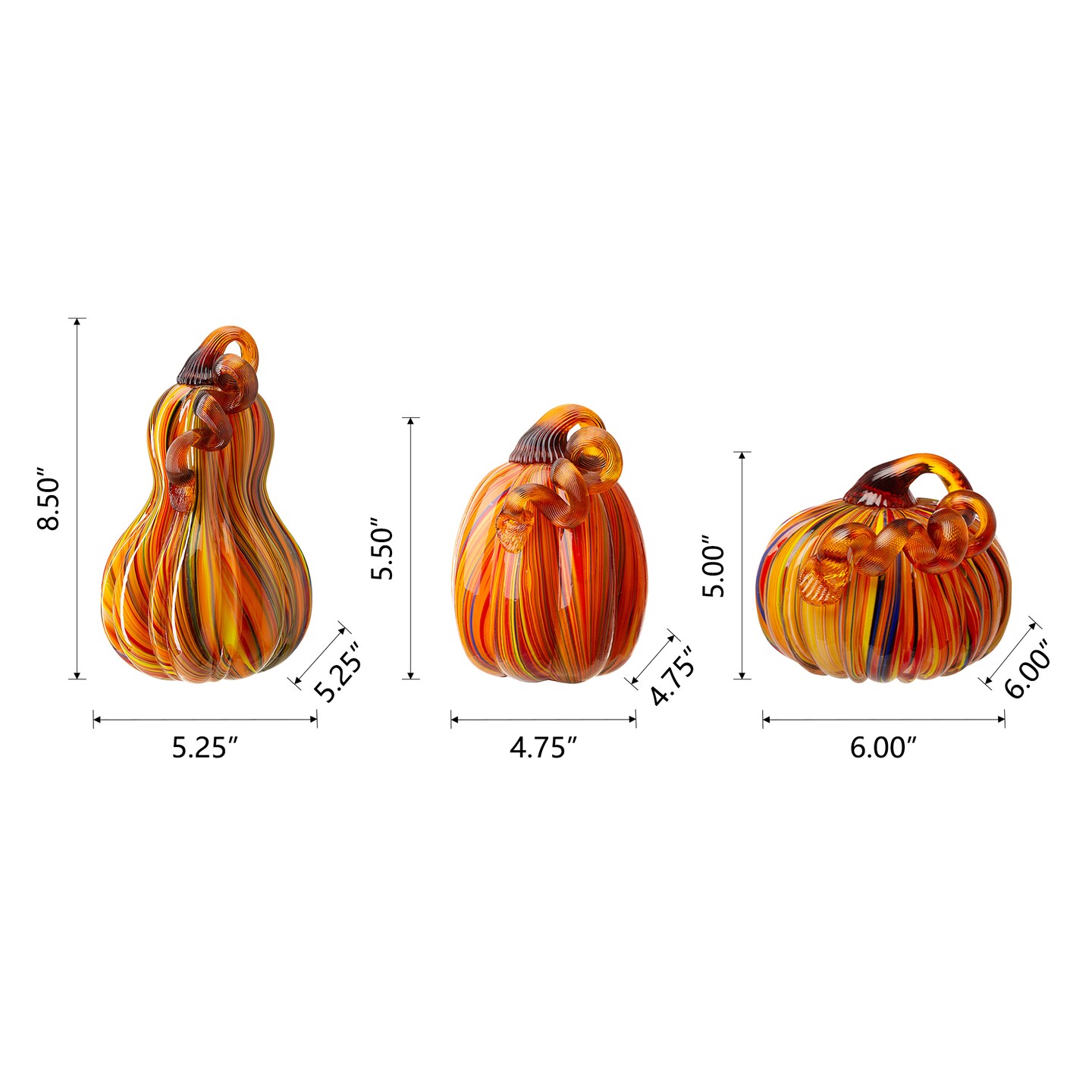 Set of 2/3 Handmade Mouthblown Multi Striped Glass Pumpkin &#x26; Gourd