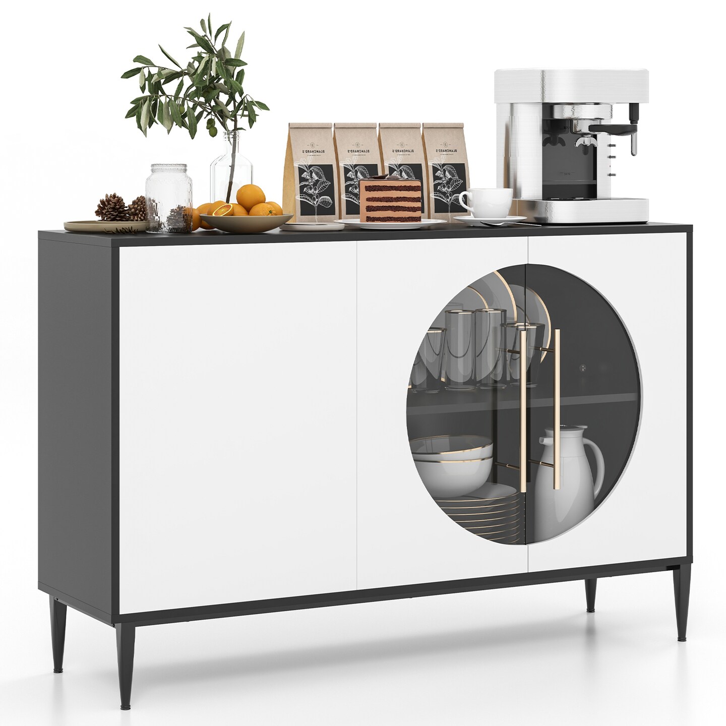Slickblue Sideboard Cabinet with Tempered Glass Door for Living &#x26; Dining Room Kitchen-White