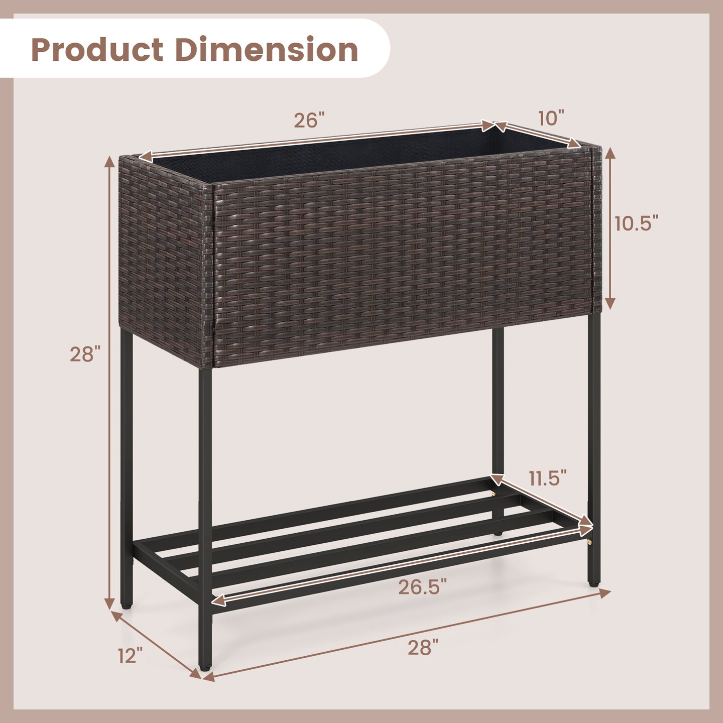 2-in-1 Raised Garden Bed with Storage Shelf 28" Brown PE Rattan Planter with Drain Holes