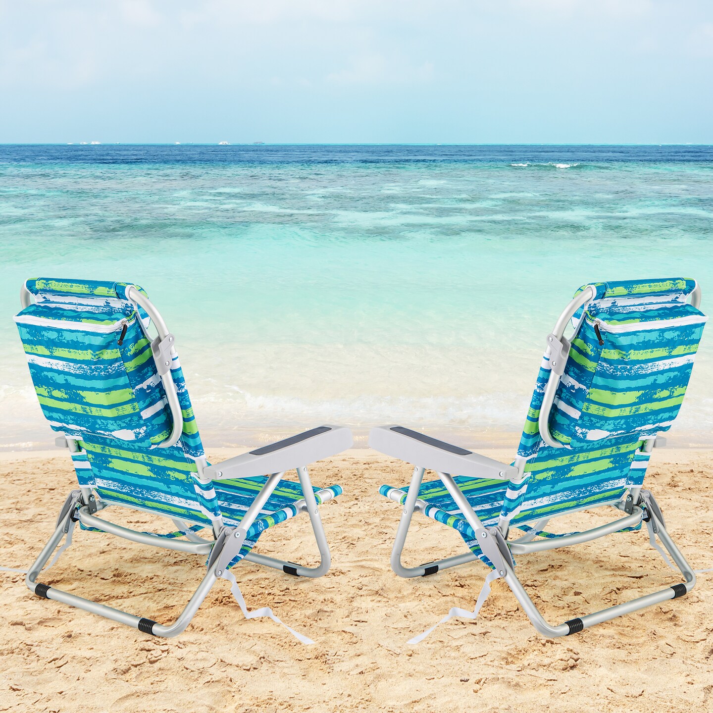 Foldable Backpack Beach Chair with Cup Holder and Storage Pockets for Outdoor-Blue and Green