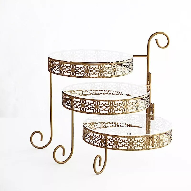 Gold 28 in Round 3-Tier Metal Rotating CUPCAKE STAND Clear Acrylic Plates Party