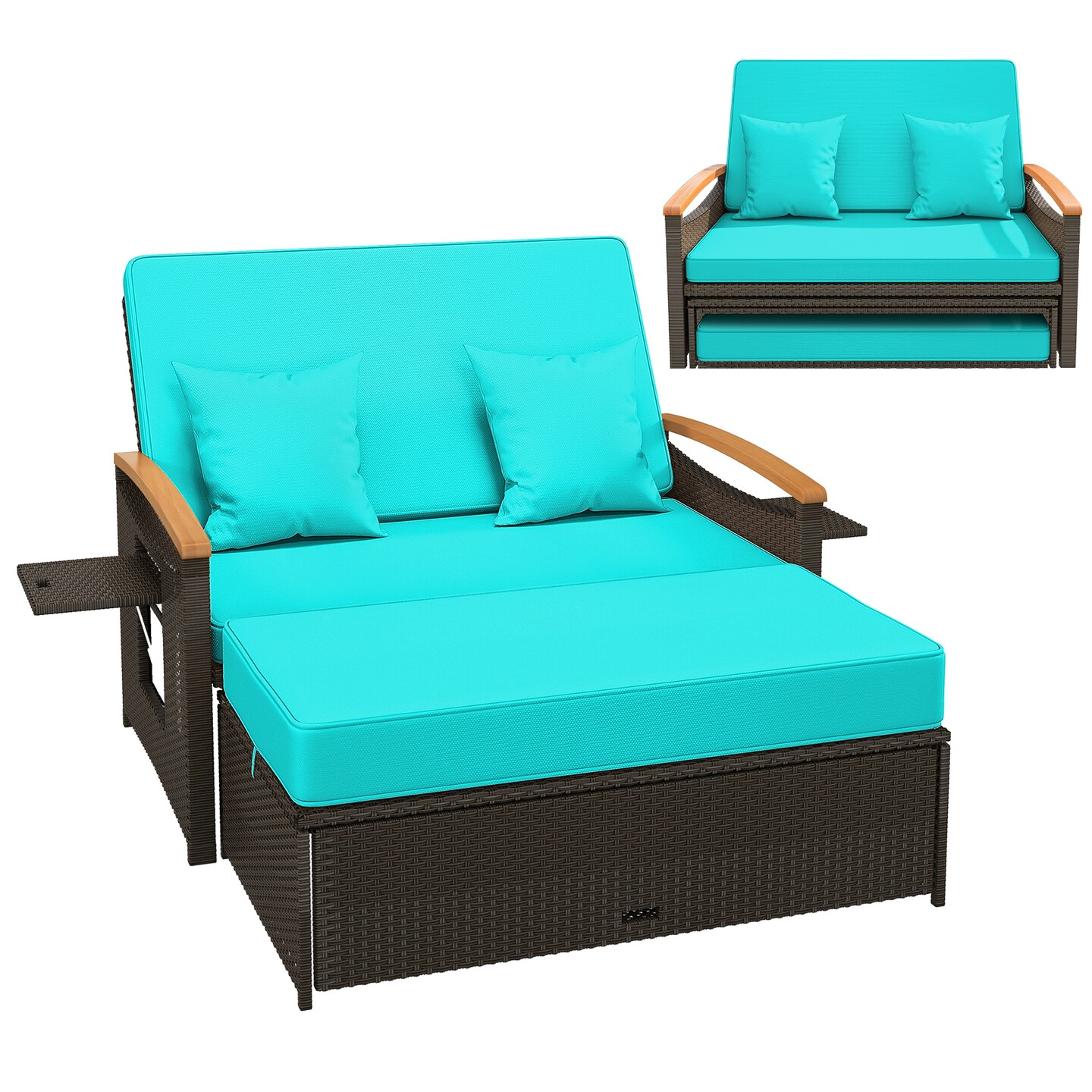 Convertible Patio Rattan Loveseat Daybed Set with Storage Ottoman