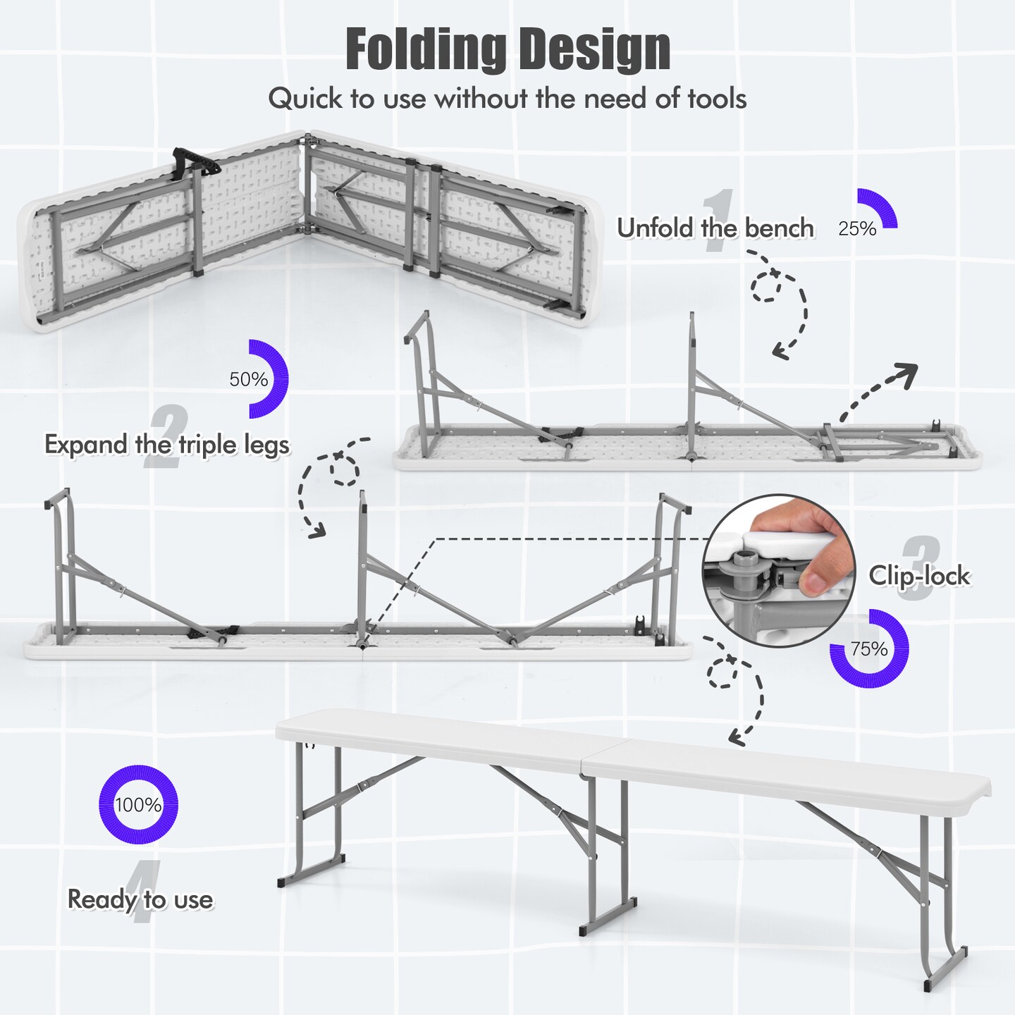 6 Feet Plastic Folding Bench Picnic Camping Dining Seat with Carrying Handle - 72&#x22; x 11&#x22; x 17&#x22; (L x W x H)
