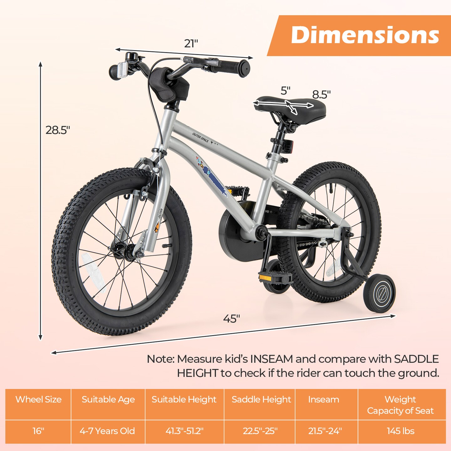 16-Inch Kids Bike Bicycle for Boys Girls 4-7 Adjustable with High Carbon Steel Frame - 45&#x22; x 21&#x22;x 28.5&#x22; (L x W x H)