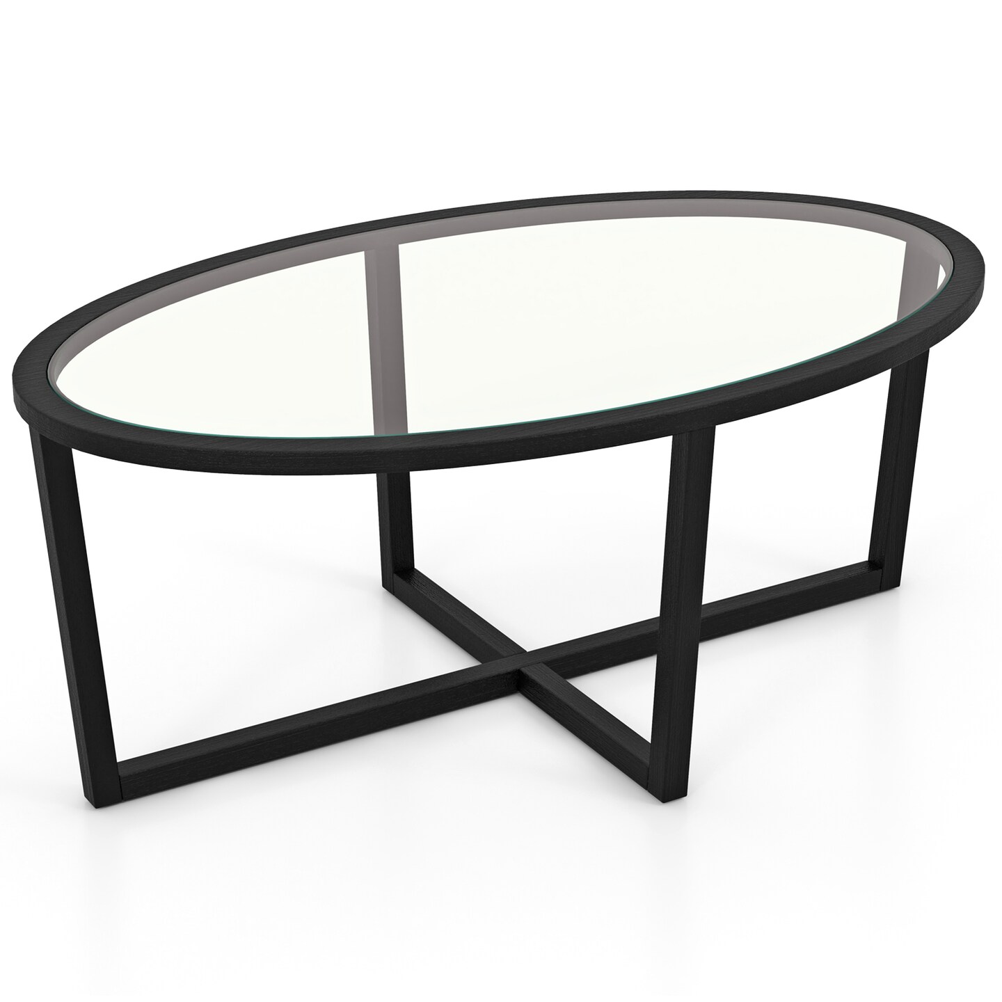 Glass Coffee Table Oval Living Room Table with Cross Base and Acacia Wood Legs - 46.5&#x22; x 28&#x22; x 18.5&#x22; (L x W x H)
