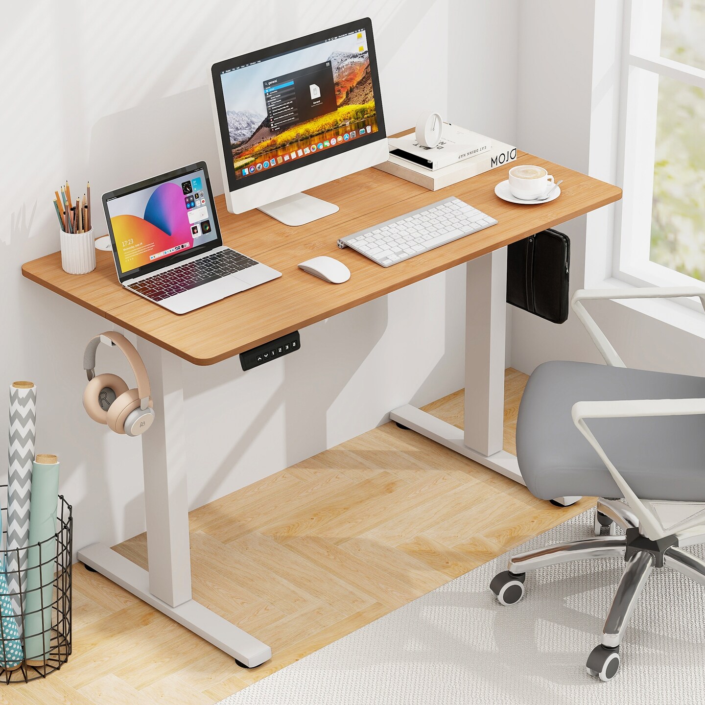 Adjustable Electric Standing Desk with 3 Memory Height Settings, Cable Management, and Hooks