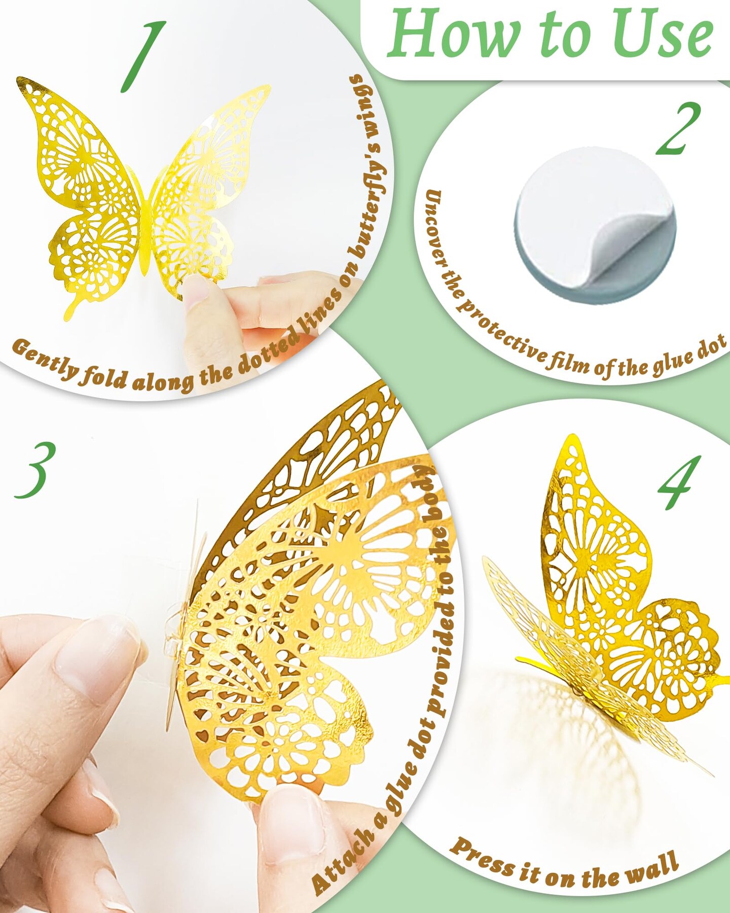 72Pcs 3D Butterfly Wall Decor, Gold Butterfly Fathers Day Decorations, 4 Styles 3 Sizes Removable Butterfly Room Decor Butterfly Wall Stickers for Birthday Party Garden Tea Cake Flower Decorations